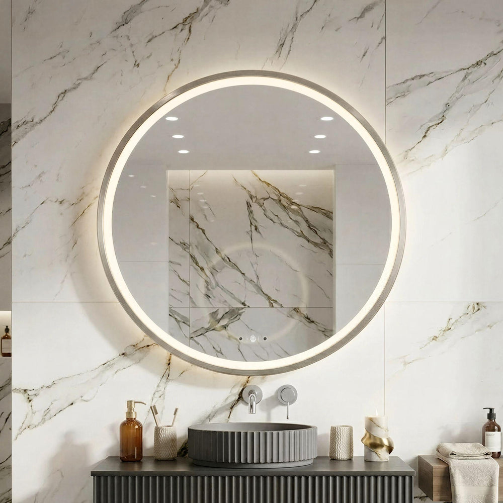LUKKA ORBIS ROUND FRAMED LED MIRROR BRUSHED NICKEL 800X800MM