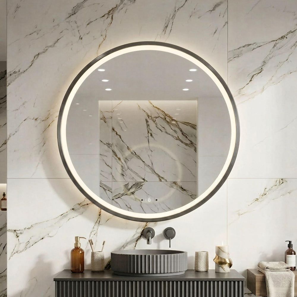 LUKKA ORBIS ROUND FRAMED LED MIRROR GUN METAL 800X800MM