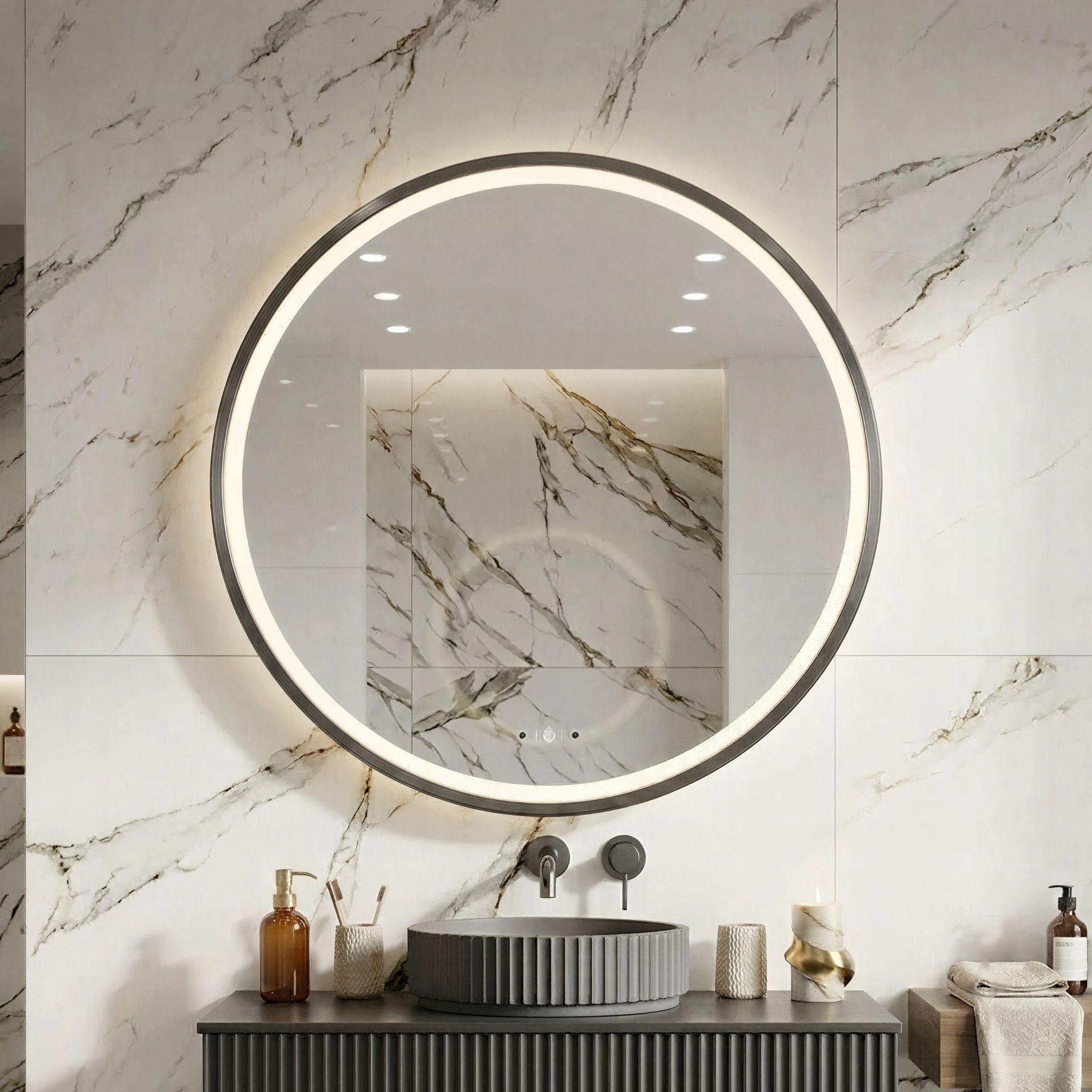 LUKKA ORBIS ROUND FRAMED LED MIRROR GUN METAL 800X800MM