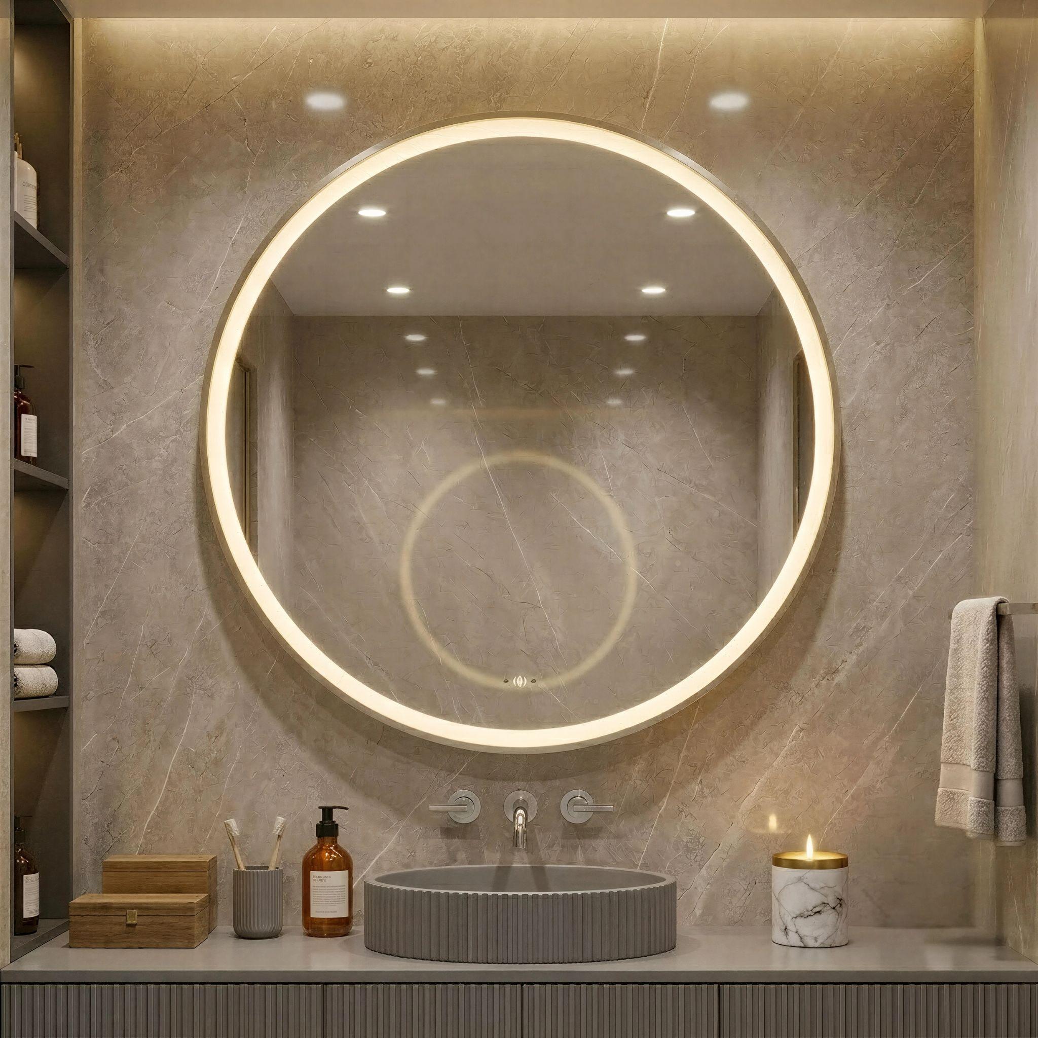 LUKKA ORBIS ROUND FRAMED LED MIRROR BRUSHED NICKEL 900X900MM