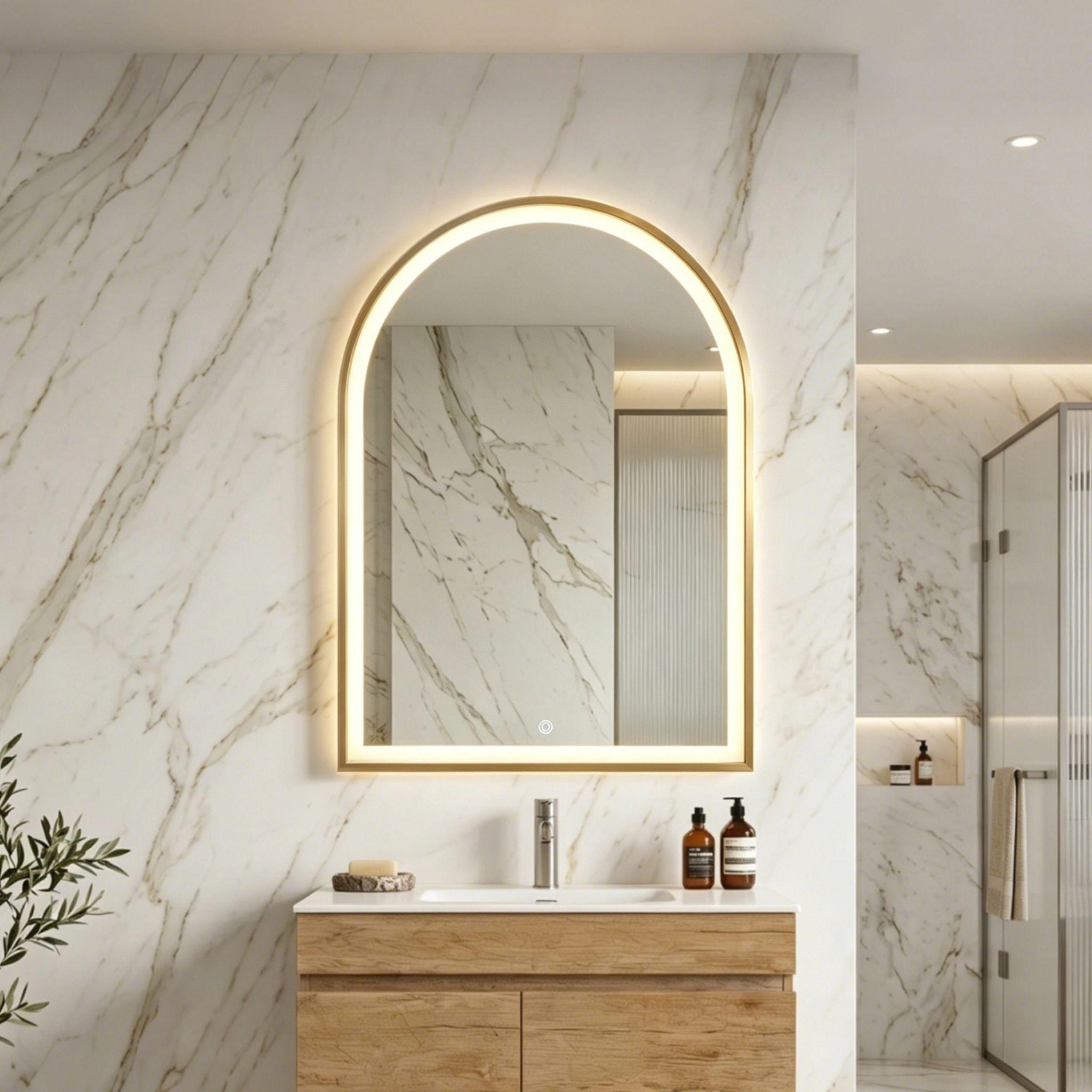 LUKKA ARCO ARCHED FRAMED LED MIRROR BRUSHED GOLD 600X900MM