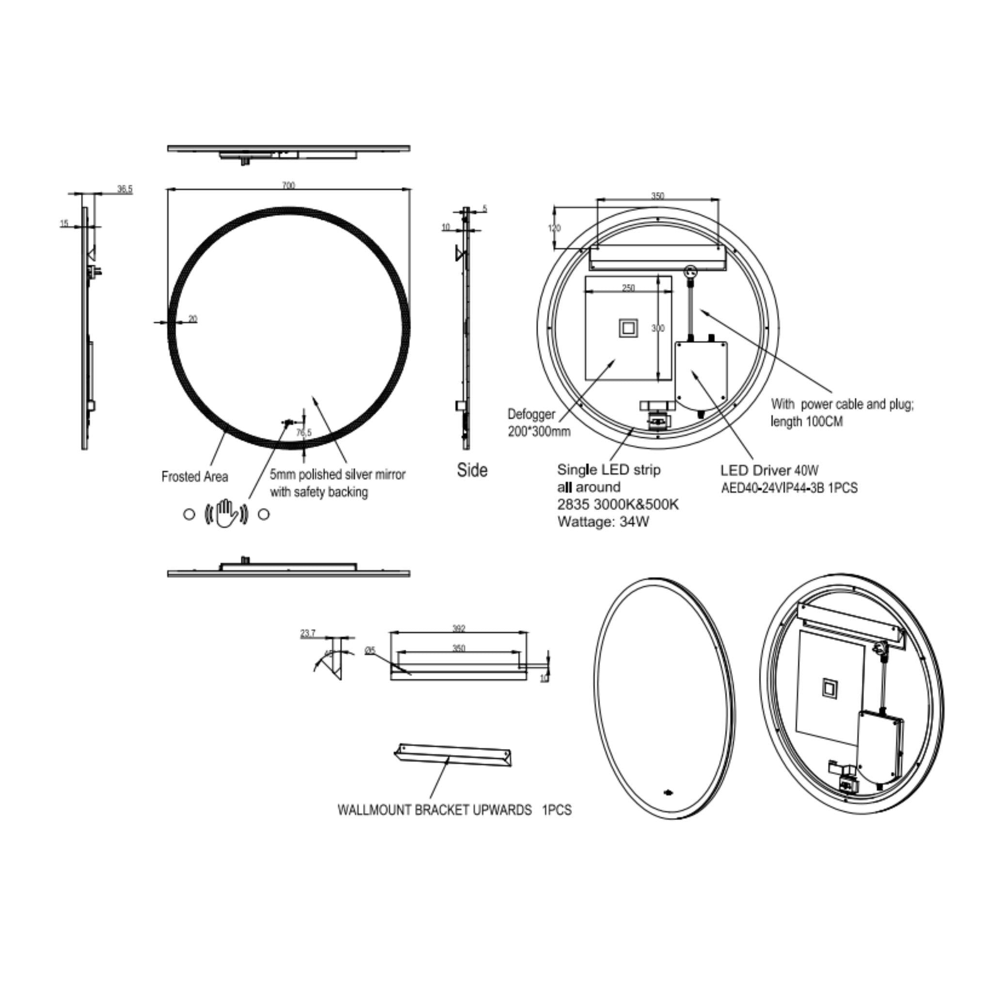 LUKKA ORBIS ROUND FRAMELESS PENCIL EDGE BACK-LIT LED MIRROR 700X700MM