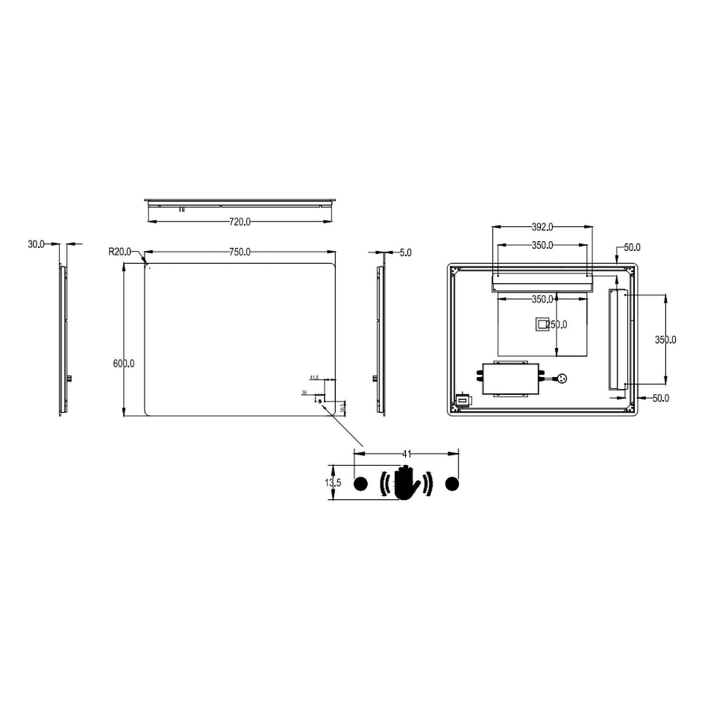 LUKKA RECTTA RECTANGULAR FRAMELESS PENCIL EDGE BACK-LIT LED MIRROR 750X600MM