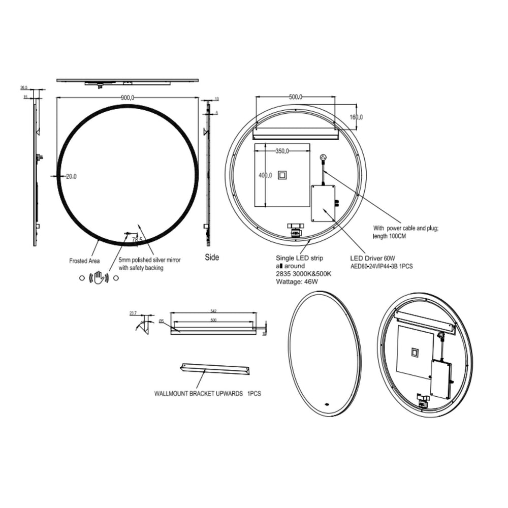 LUKKA ORBIS ROUND FRAMELESS PENCIL EDGE BACK-LIT LED MIRROR 900X900MM