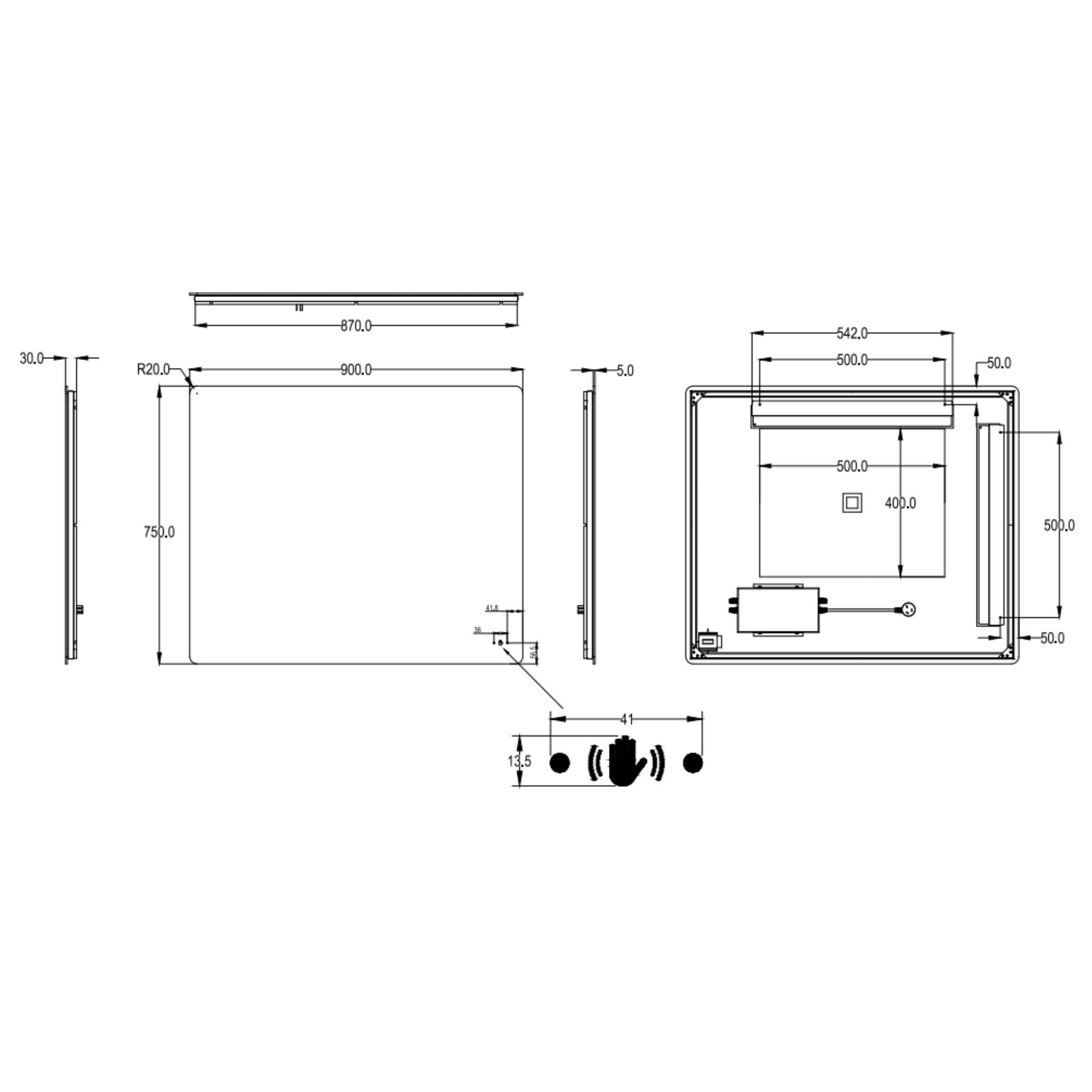 LUKKA RECTTA RECTANGULAR FRAMELESS PENCIL EDGE BACK-LIT LED MIRROR 900X750MM