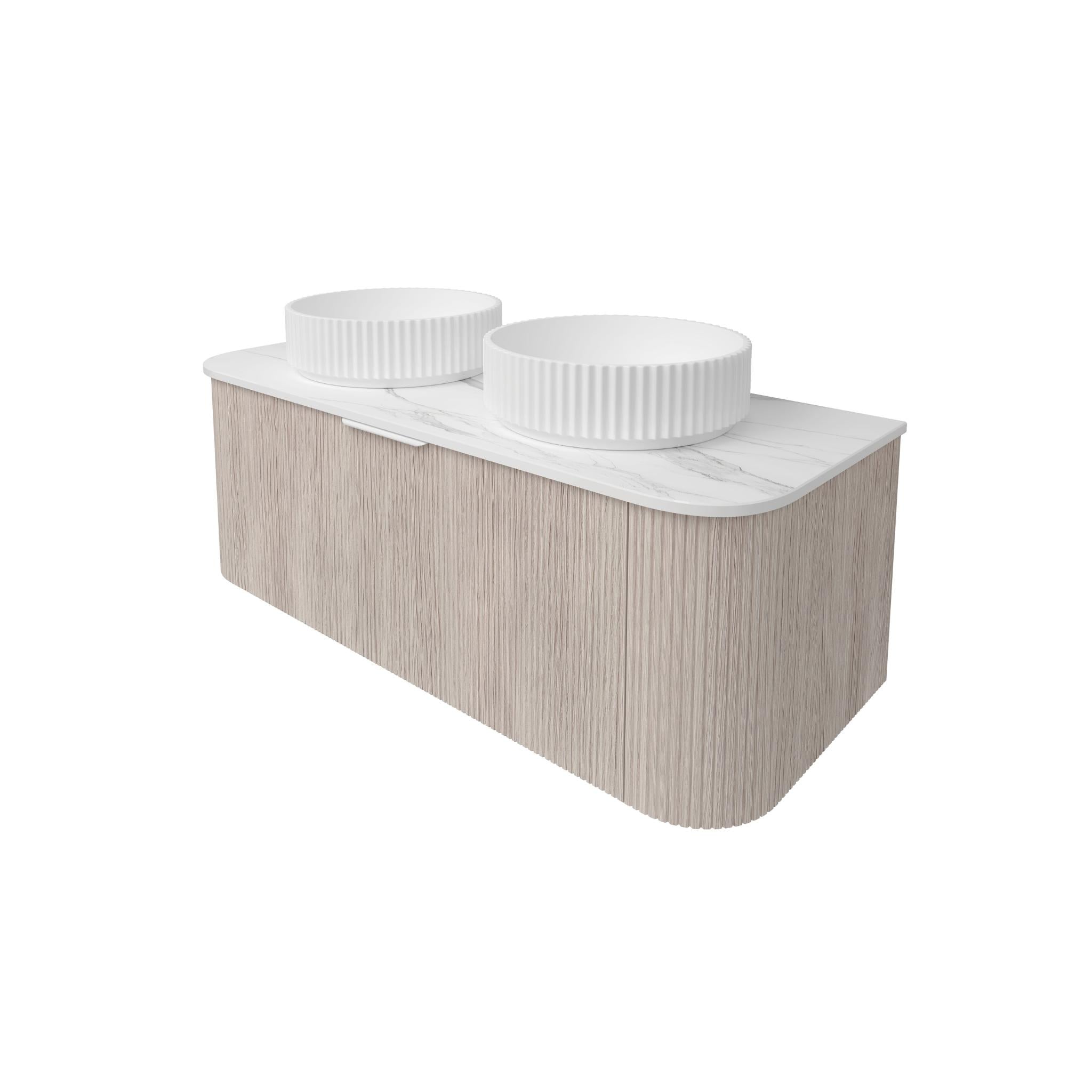 LUKKA AGENA COSTAL OAK FLUTED 1200MM CURVE DOUBLE BOWL WALL HUNG VANITY