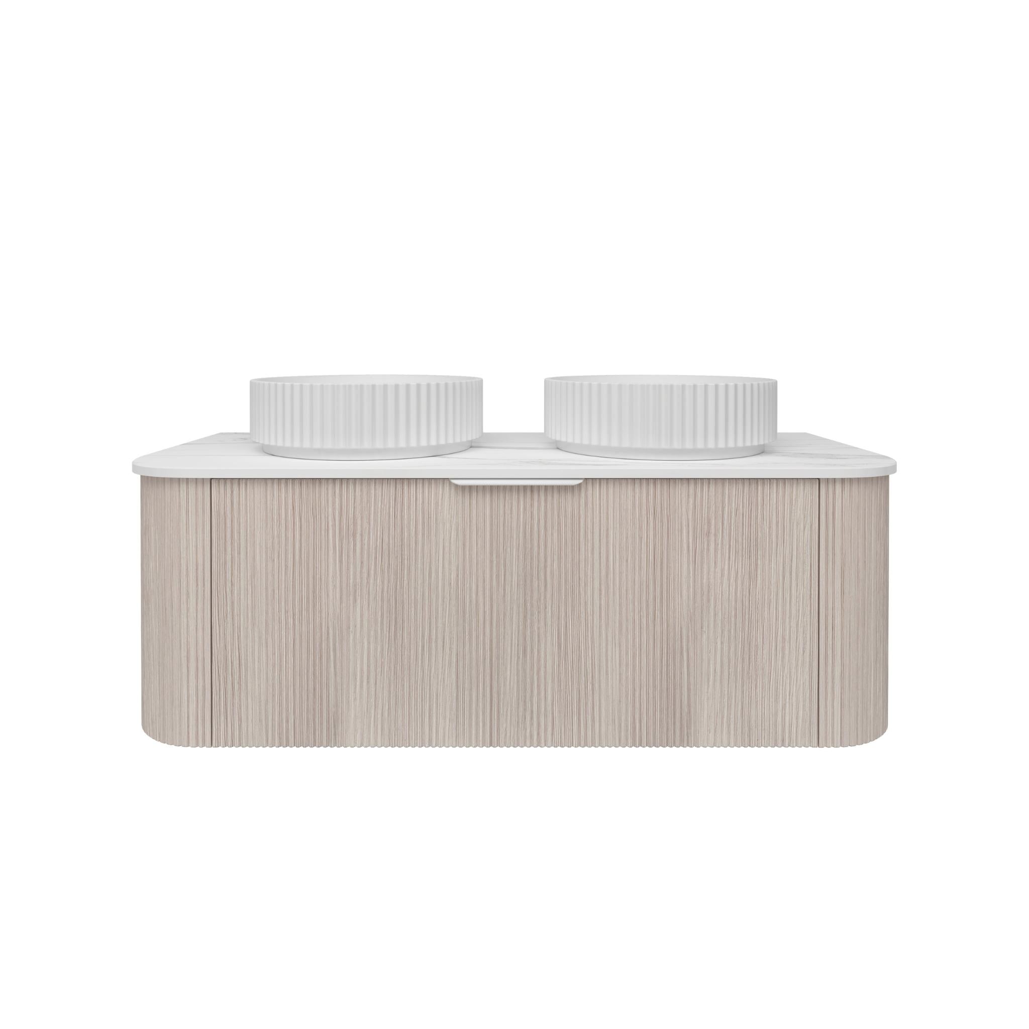 LUKKA AGENA COSTAL OAK FLUTED 1200MM CURVE DOUBLE BOWL WALL HUNG VANITY