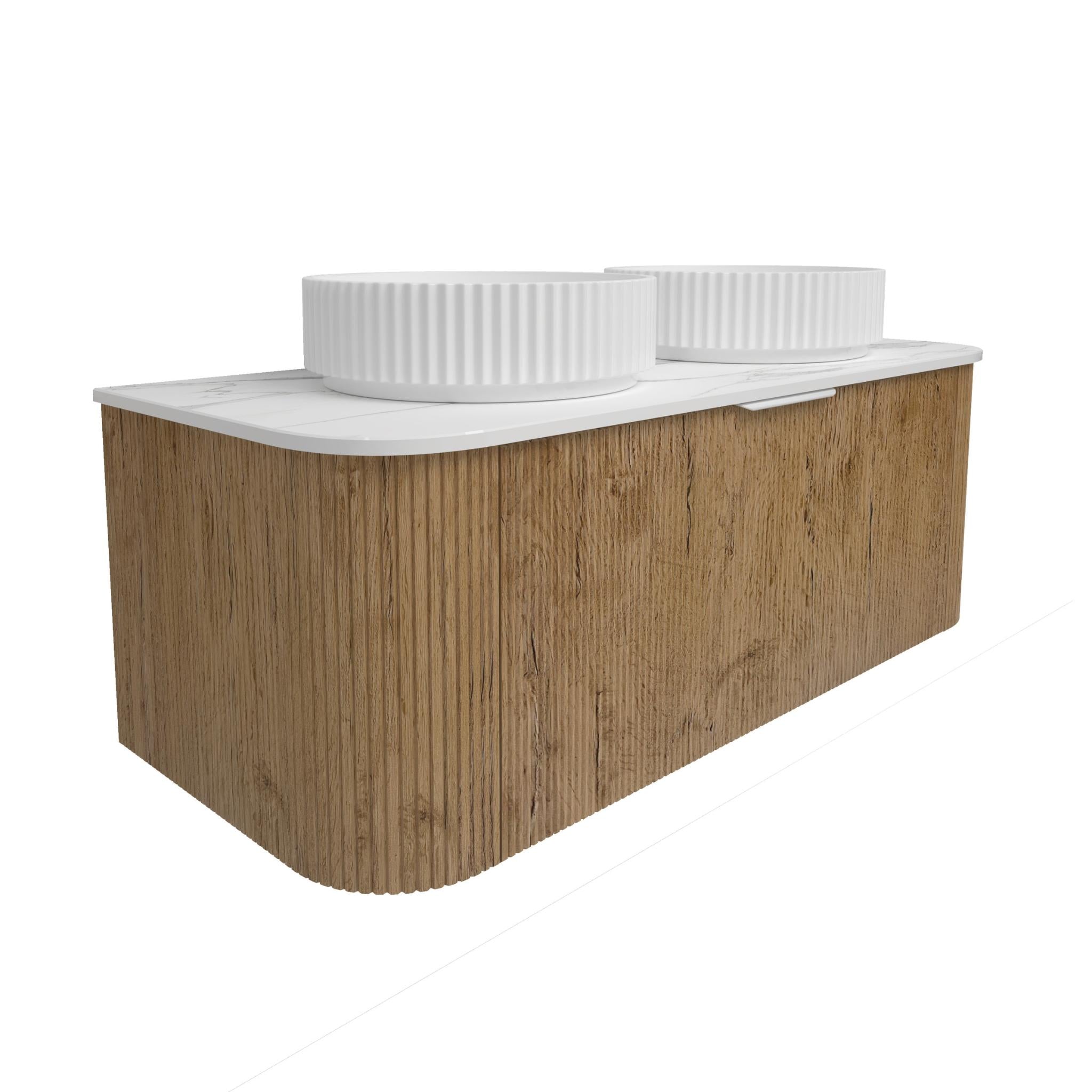 LUKKA AGENA PRIME OAK FLUTED 1200MM CURVE DOUBLE BOWL WALL HUNG VANITY