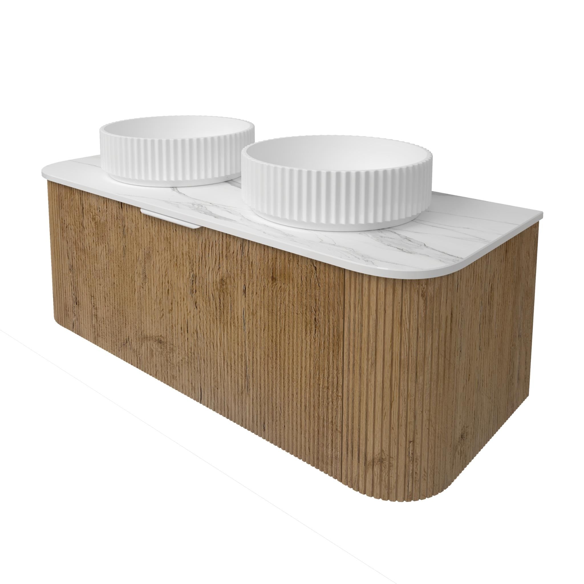 LUKKA AGENA PRIME OAK FLUTED 1200MM CURVE DOUBLE BOWL WALL HUNG VANITY