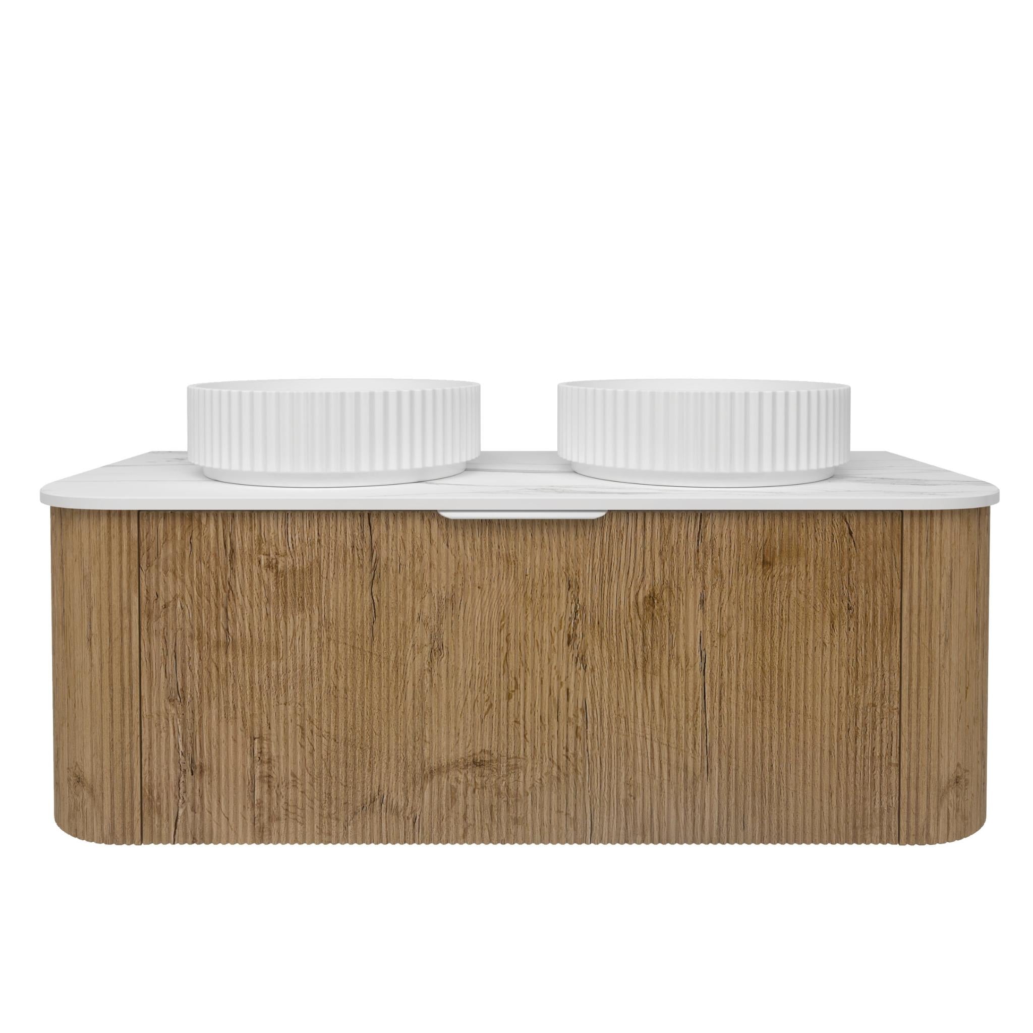 LUKKA AGENA PRIME OAK FLUTED 1200MM CURVE DOUBLE BOWL WALL HUNG VANITY