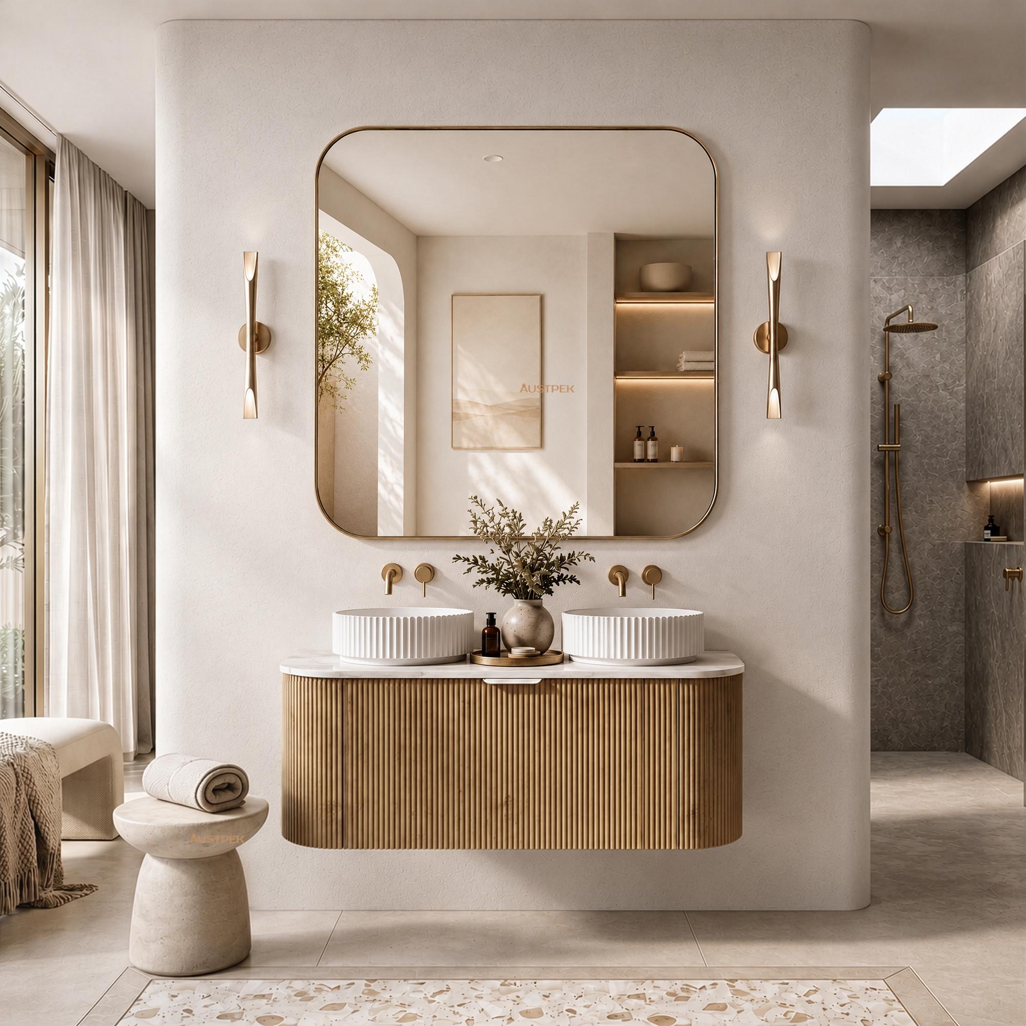 LUKKA AGENA PRIME OAK FLUTED 1200MM CURVE DOUBLE BOWL WALL HUNG VANITY