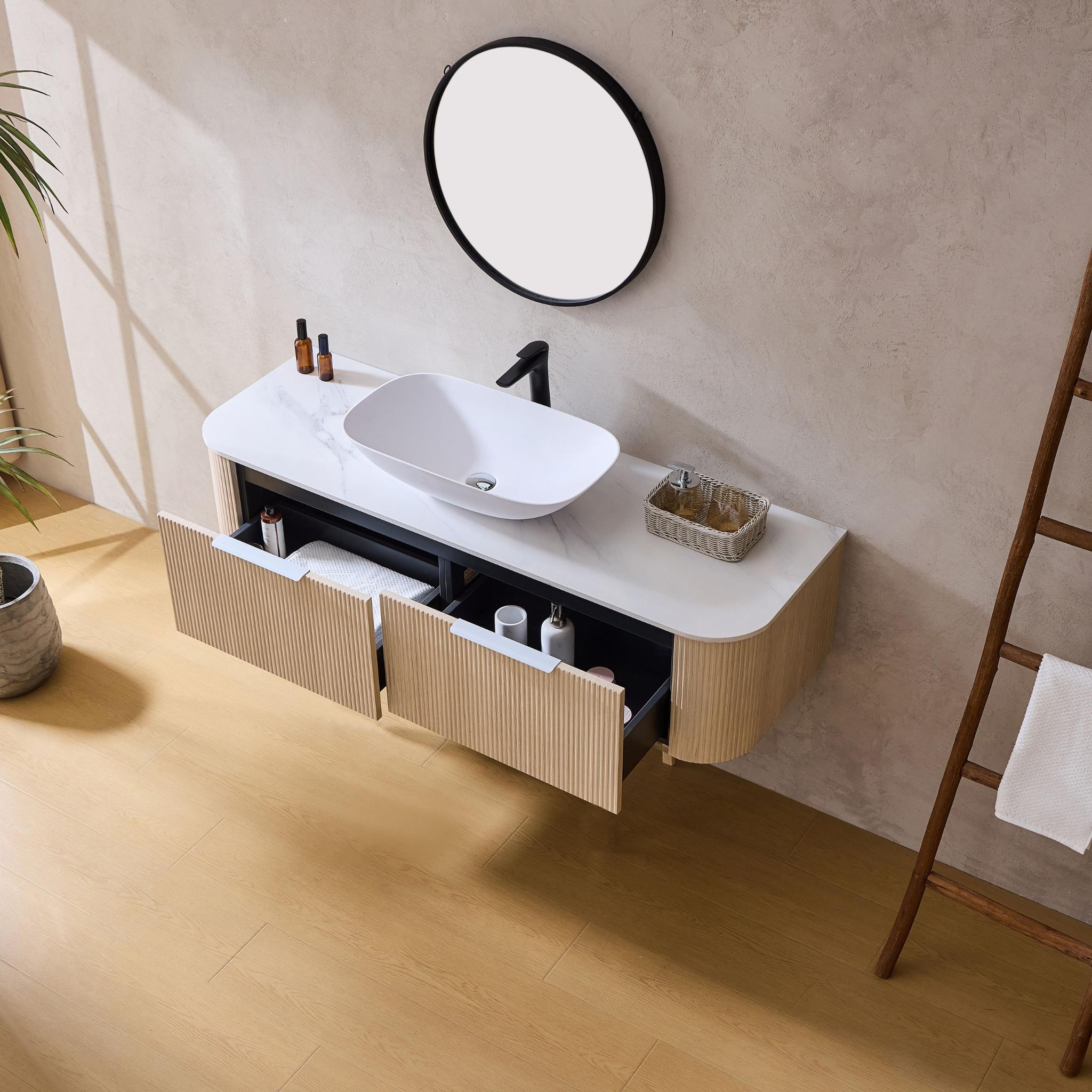 LUKKA AGENA COSTAL OAK FLUTED 1500MM CURVE SINGLE BOWL WALL HUNG VANITY