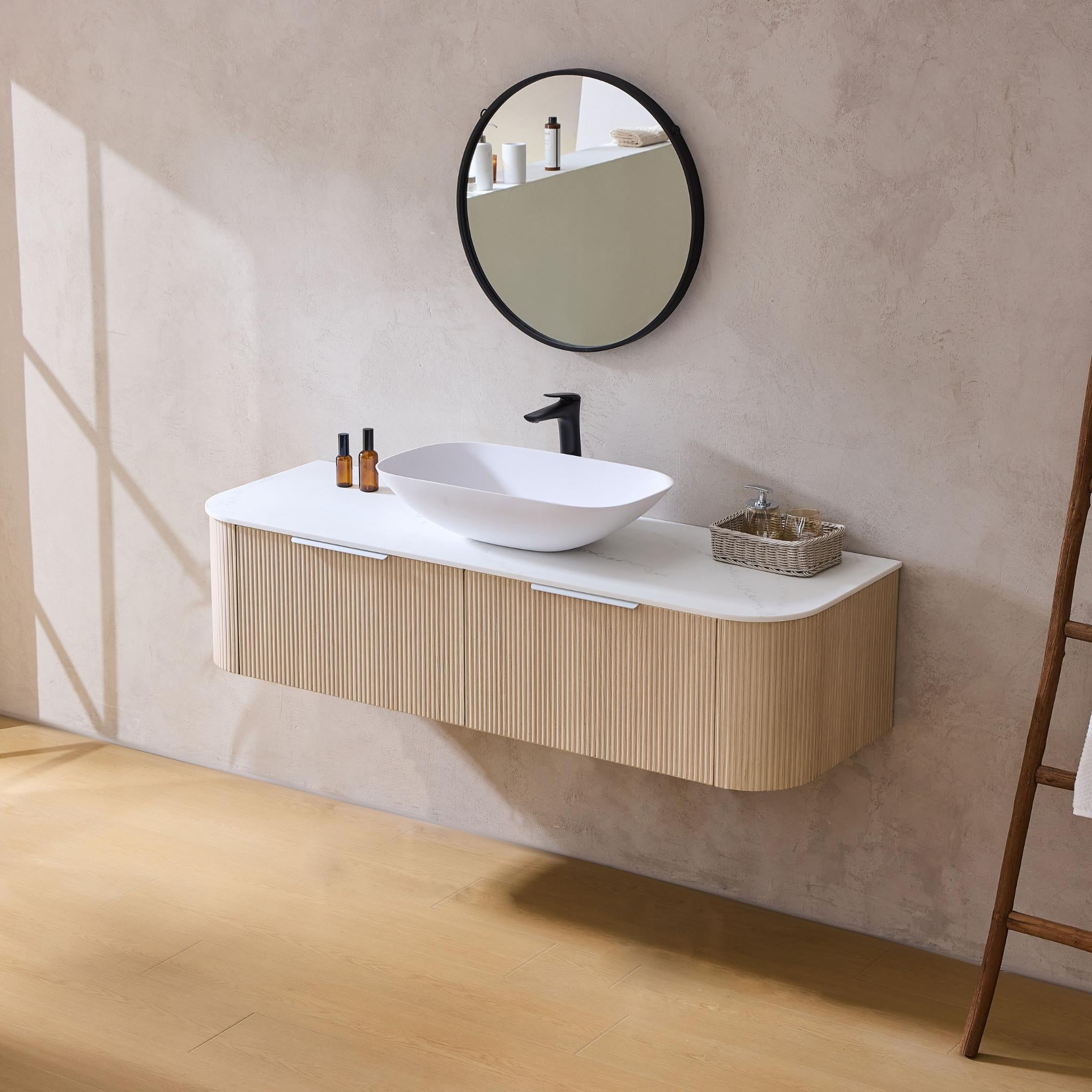 LUKKA AGENA COSTAL OAK FLUTED 1500MM CURVE SINGLE BOWL WALL HUNG VANITY