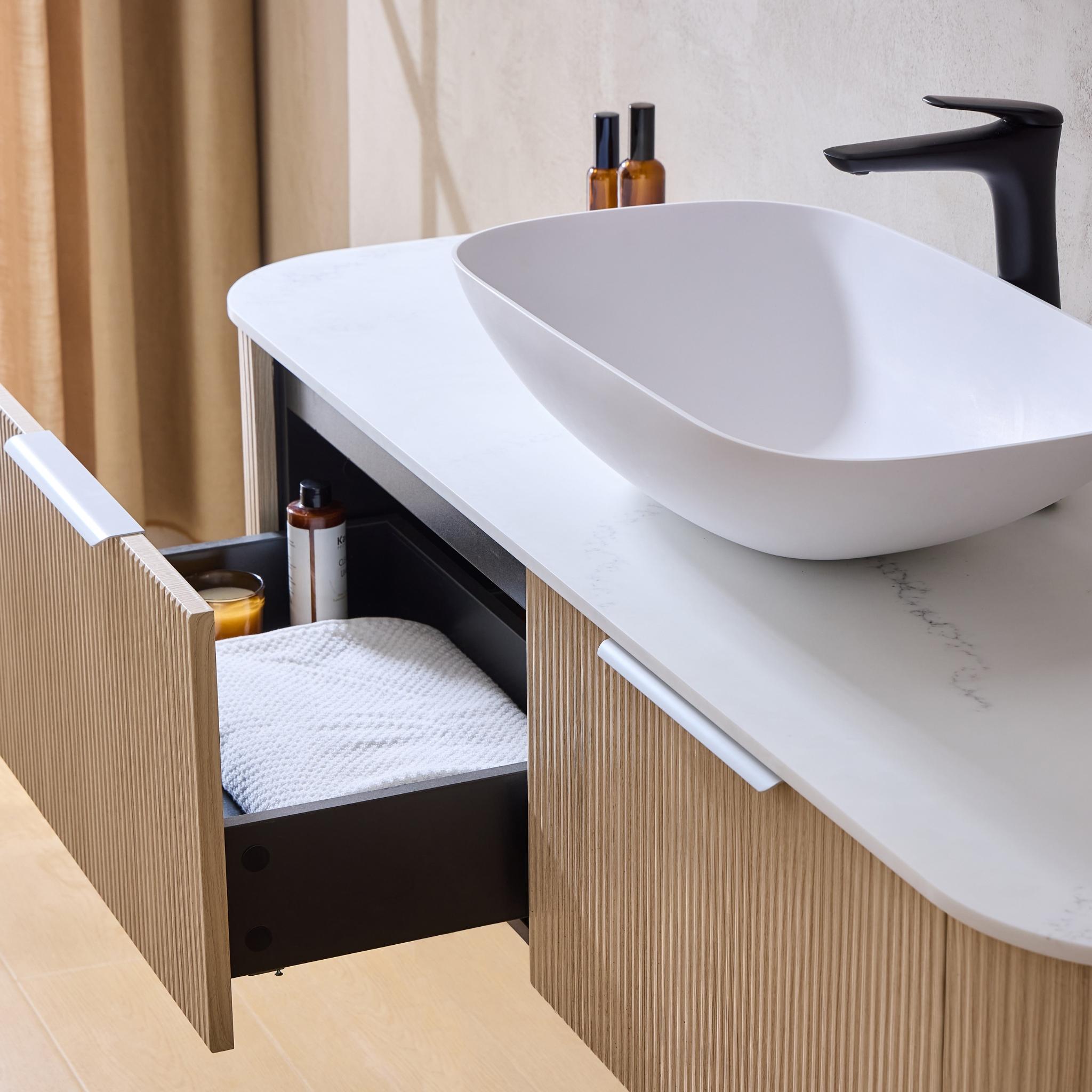 LUKKA AGENA COSTAL OAK FLUTED 1500MM CURVE SINGLE BOWL WALL HUNG VANITY