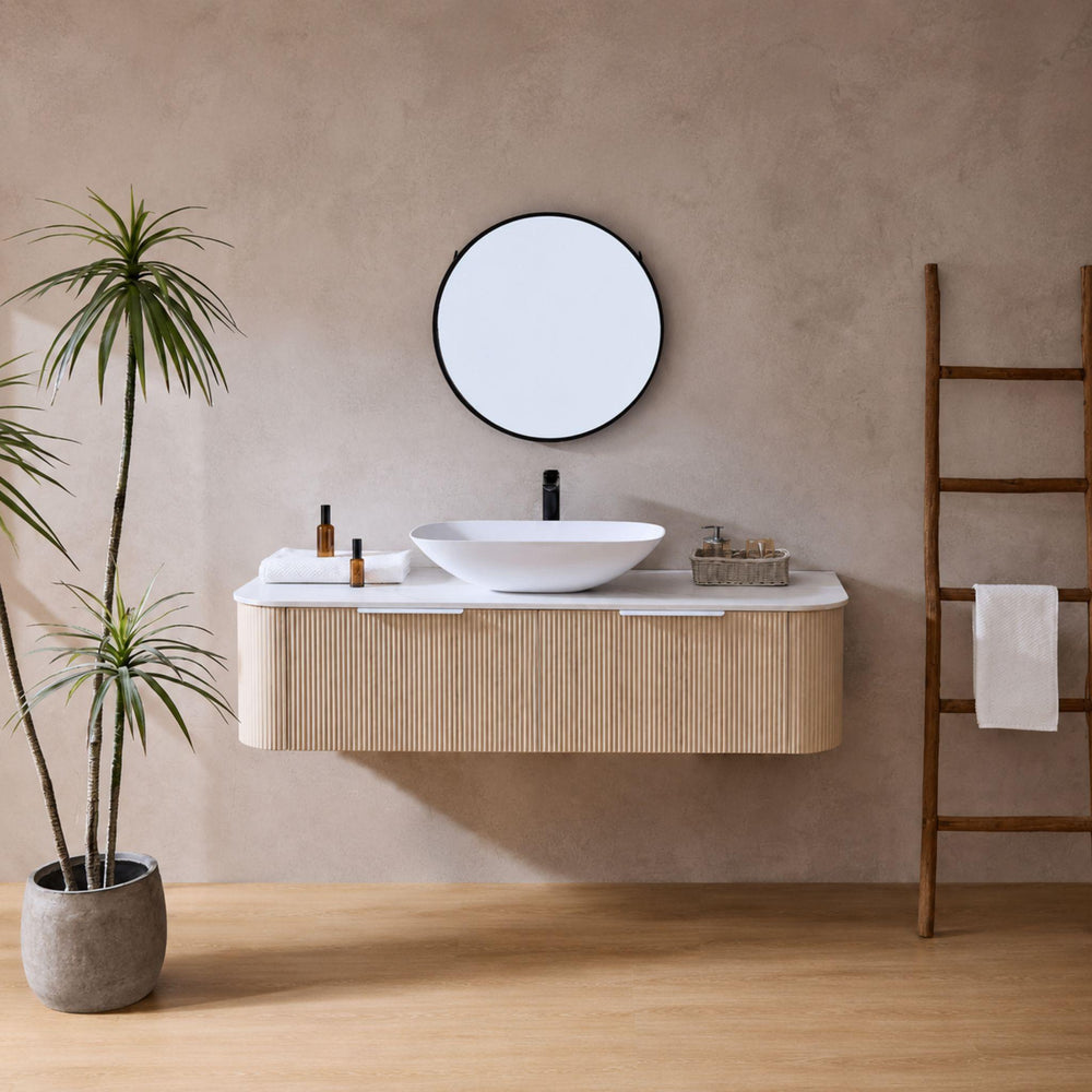 LUKKA AGENA COSTAL OAK FLUTED 1500MM CURVE SINGLE BOWL WALL HUNG VANITY