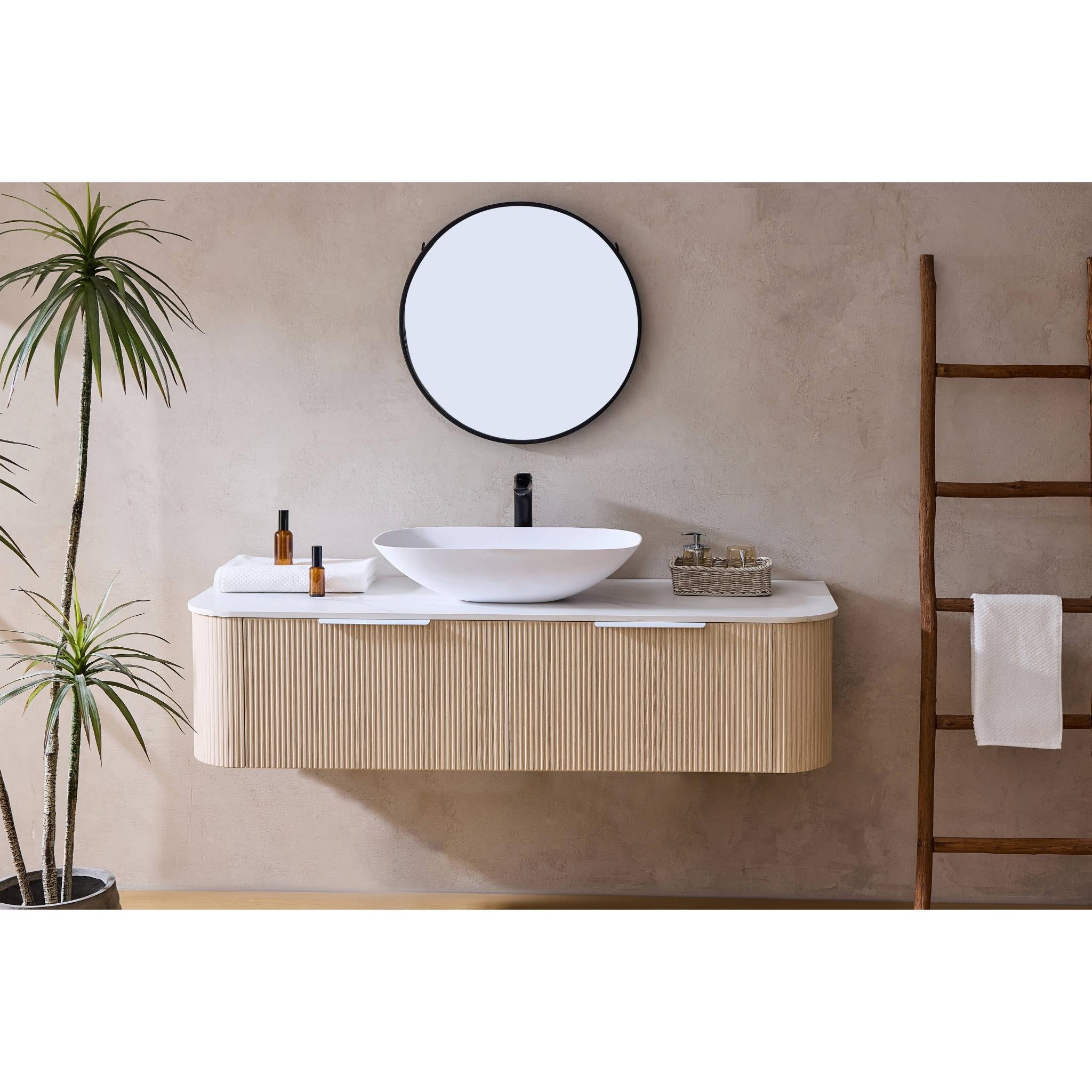 LUKKA AGENA COSTAL OAK FLUTED 1500MM CURVE SINGLE BOWL WALL HUNG VANITY