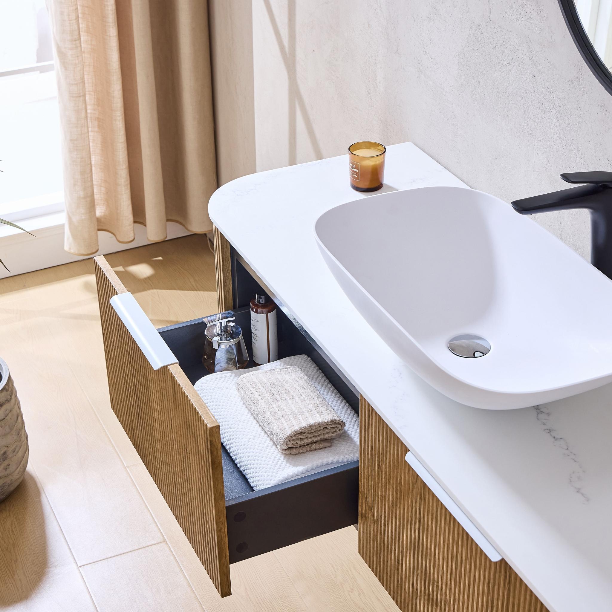 LUKKA AGENA PRIME OAK FLUTED 1500MM CURVE SINGLE BOWL WALL HUNG VANITY