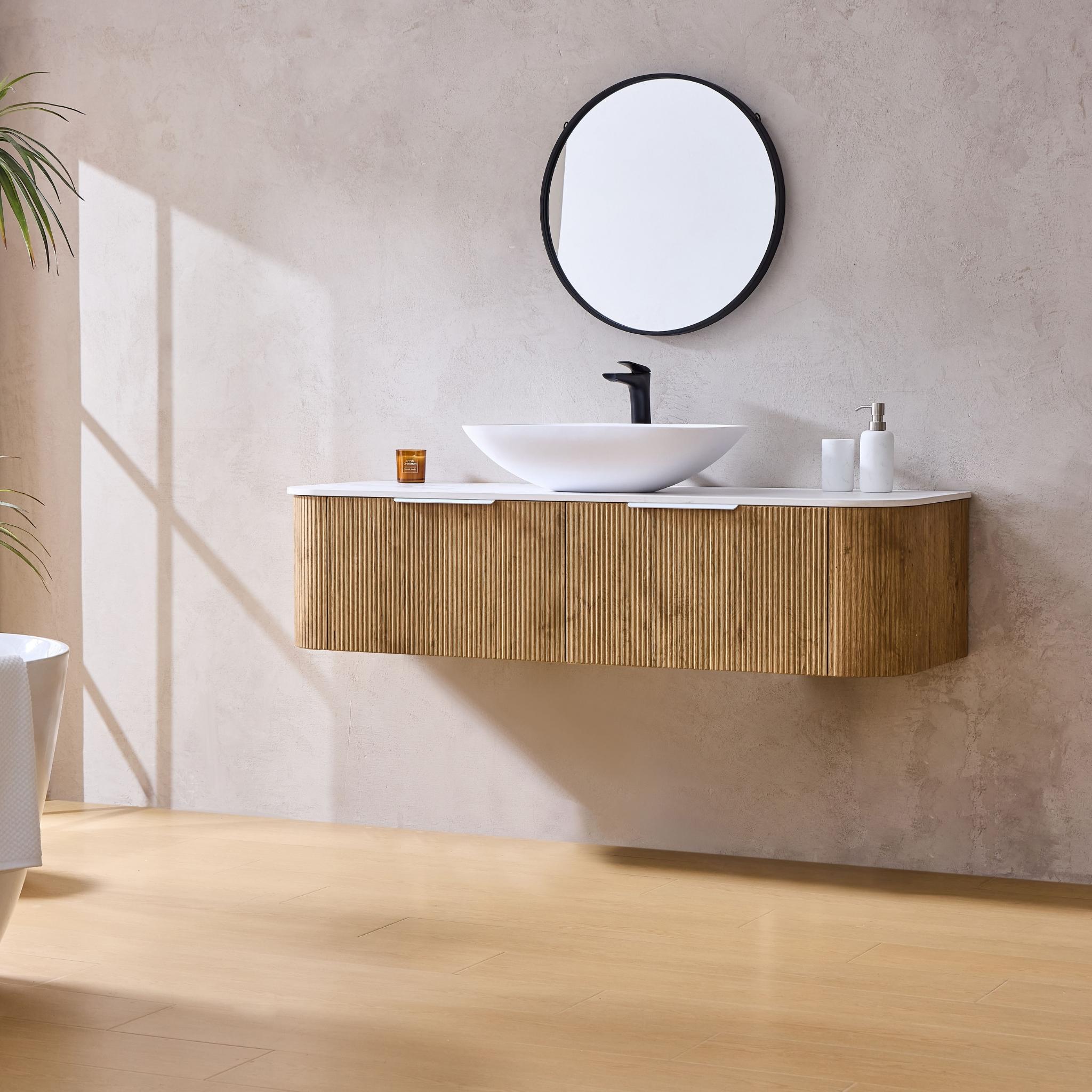 LUKKA AGENA PRIME OAK FLUTED 1500MM CURVE SINGLE BOWL WALL HUNG VANITY