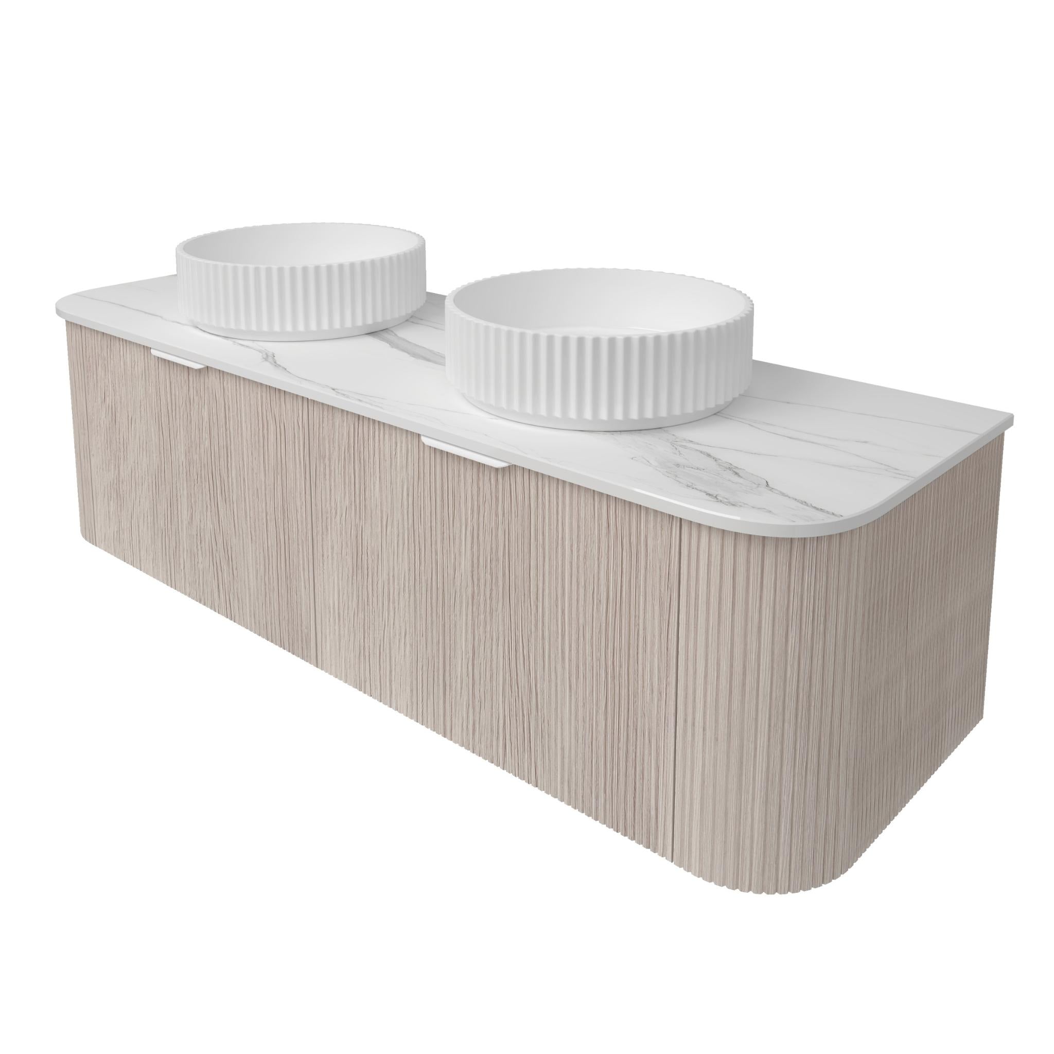 LUKKA AGENA COSTAL OAK FLUTED 1500MM CURVE DOUBLE BOWL WALL HUNG VANITY