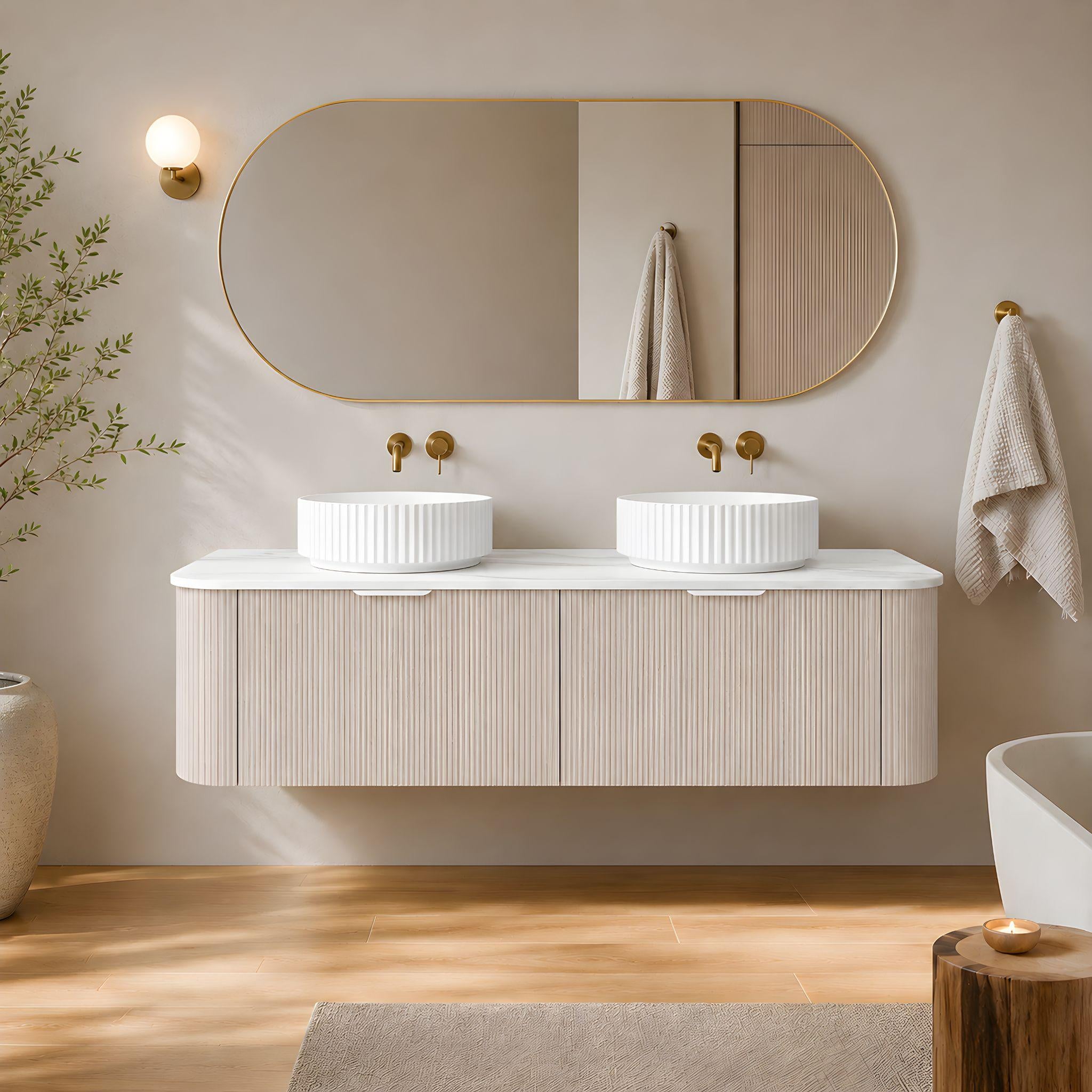LUKKA AGENA COSTAL OAK FLUTED 1500MM CURVE DOUBLE BOWL WALL HUNG VANITY