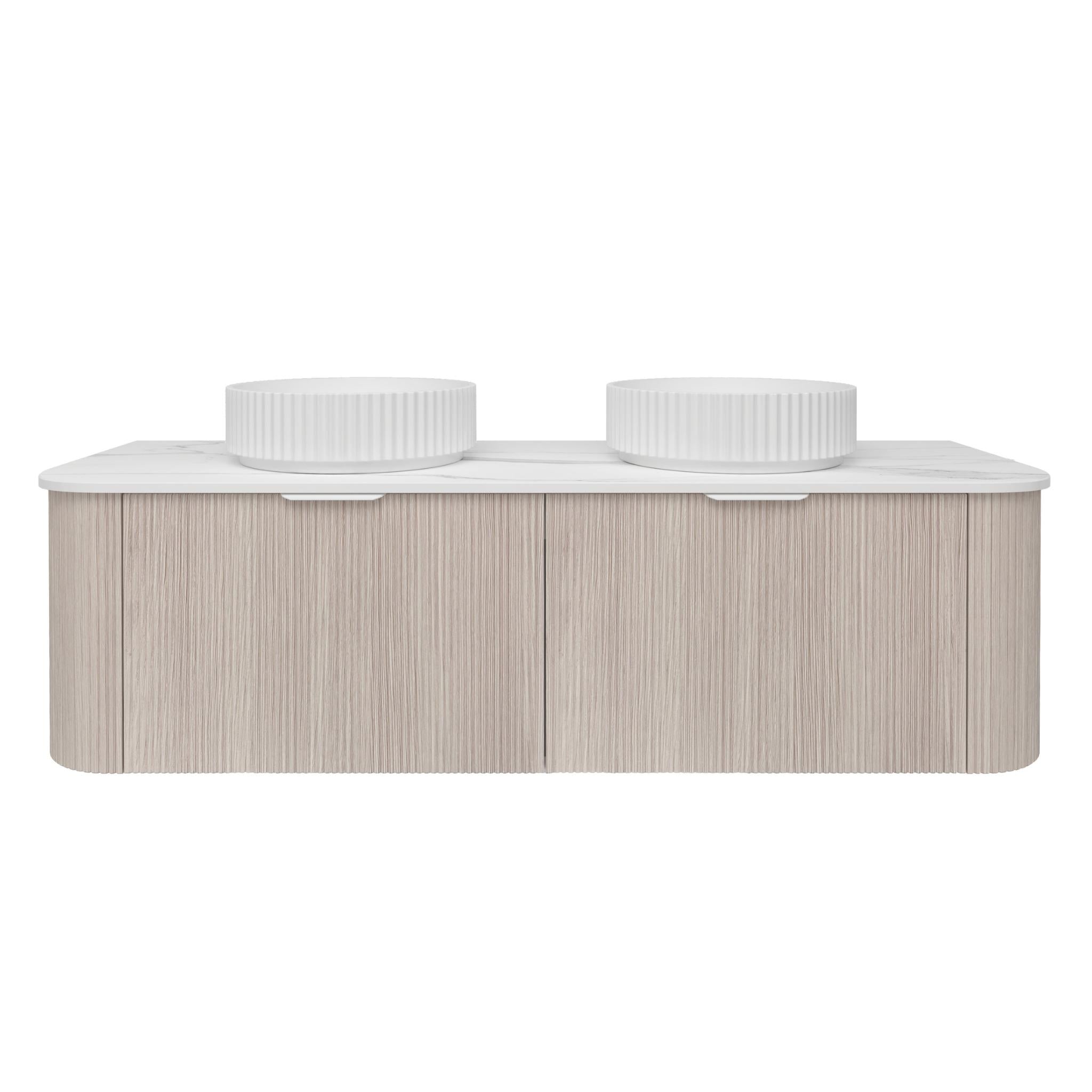LUKKA AGENA COSTAL OAK FLUTED 1500MM CURVE DOUBLE BOWL WALL HUNG VANITY