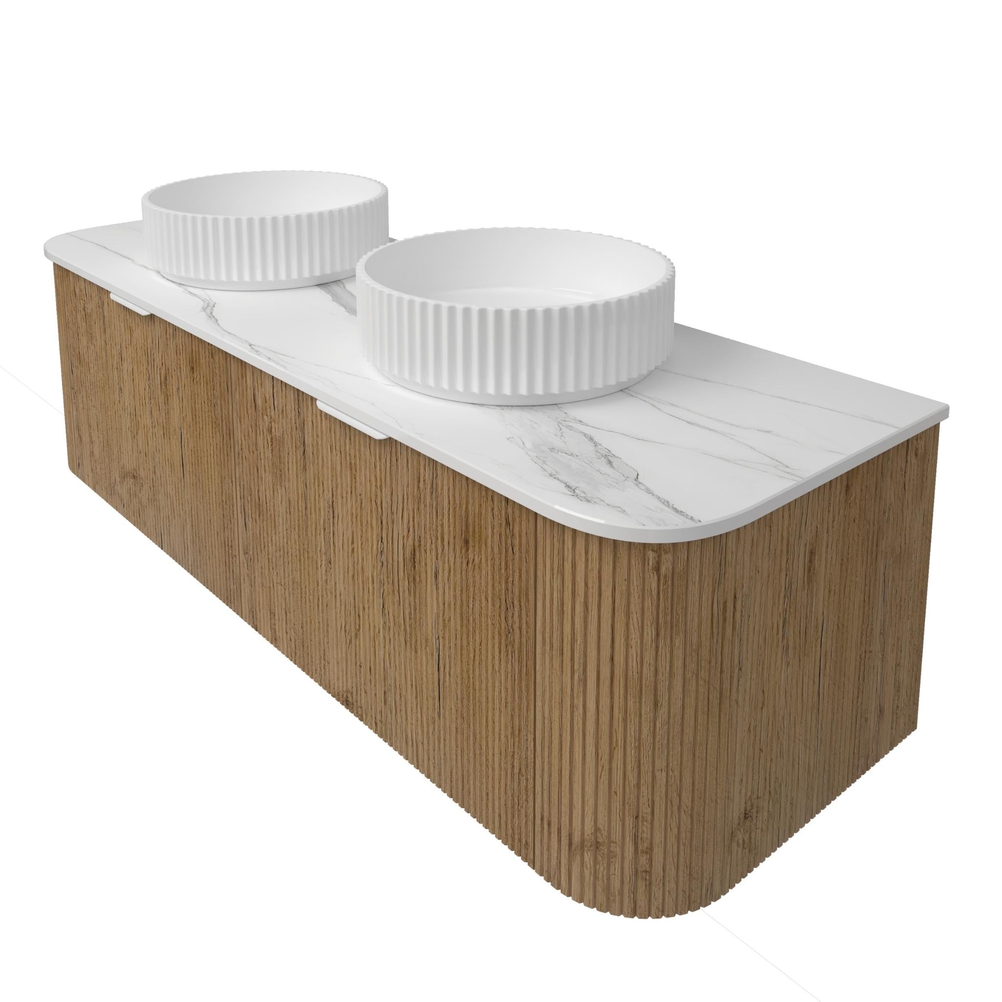 LUKKA AGENA PRIME OAK FLUTED 1500MM CURVE DOUBLE BOWL WALL HUNG VANITY