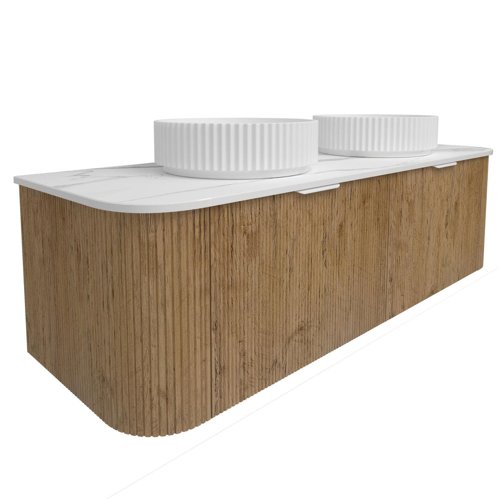 LUKKA AGENA PRIME OAK FLUTED 1500MM CURVE DOUBLE BOWL WALL HUNG VANITY