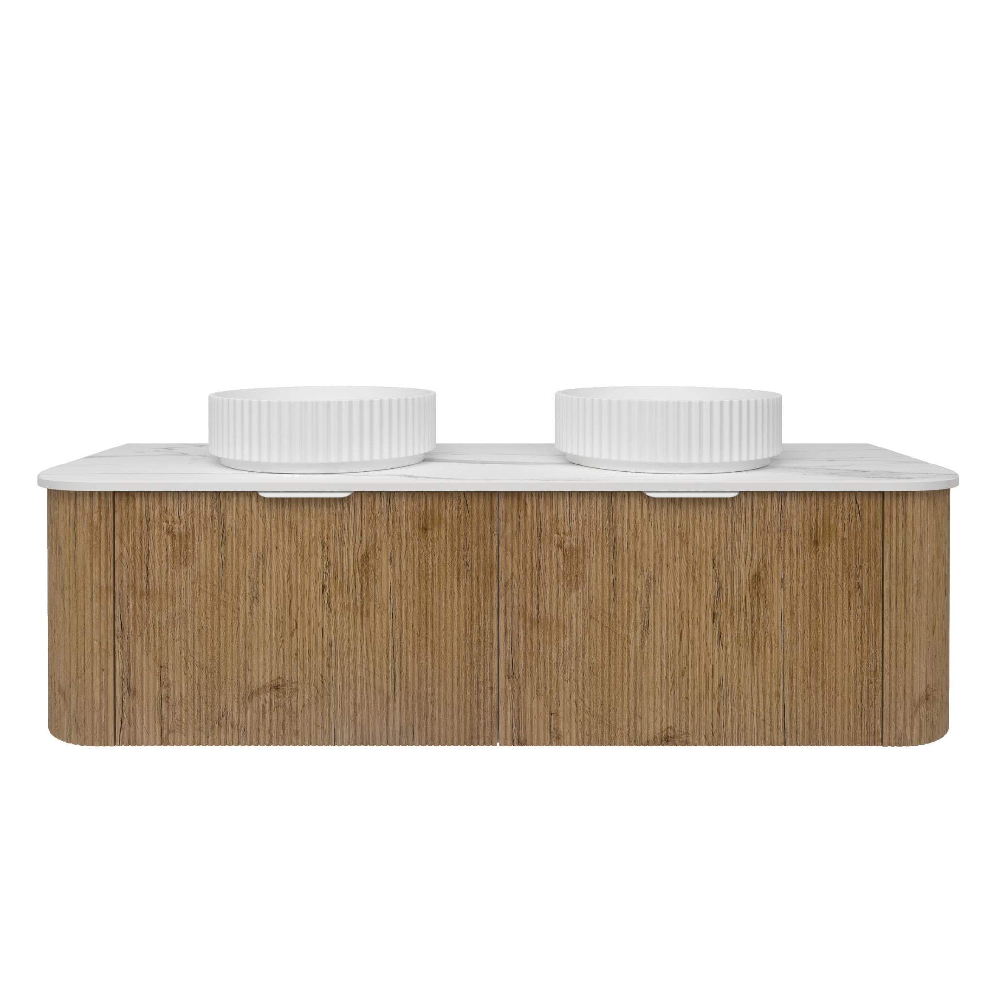LUKKA AGENA PRIME OAK FLUTED 1500MM CURVE DOUBLE BOWL WALL HUNG VANITY
