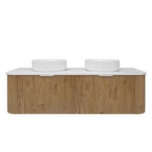 LUKKA AGENA PRIME OAK FLUTED 1500MM CURVE DOUBLE BOWL WALL HUNG VANITY