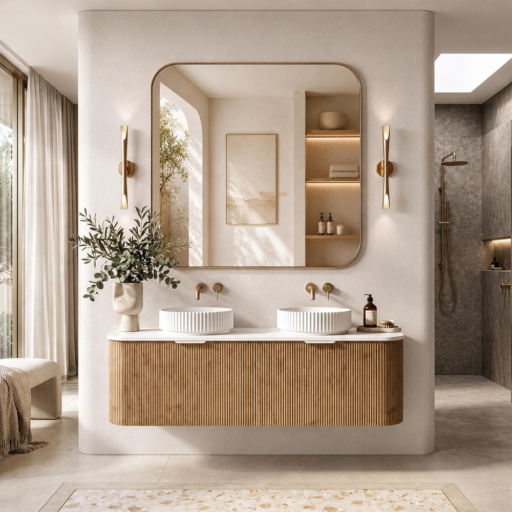 LUKKA AGENA PRIME OAK FLUTED 1500MM CURVE DOUBLE BOWL WALL HUNG VANITY
