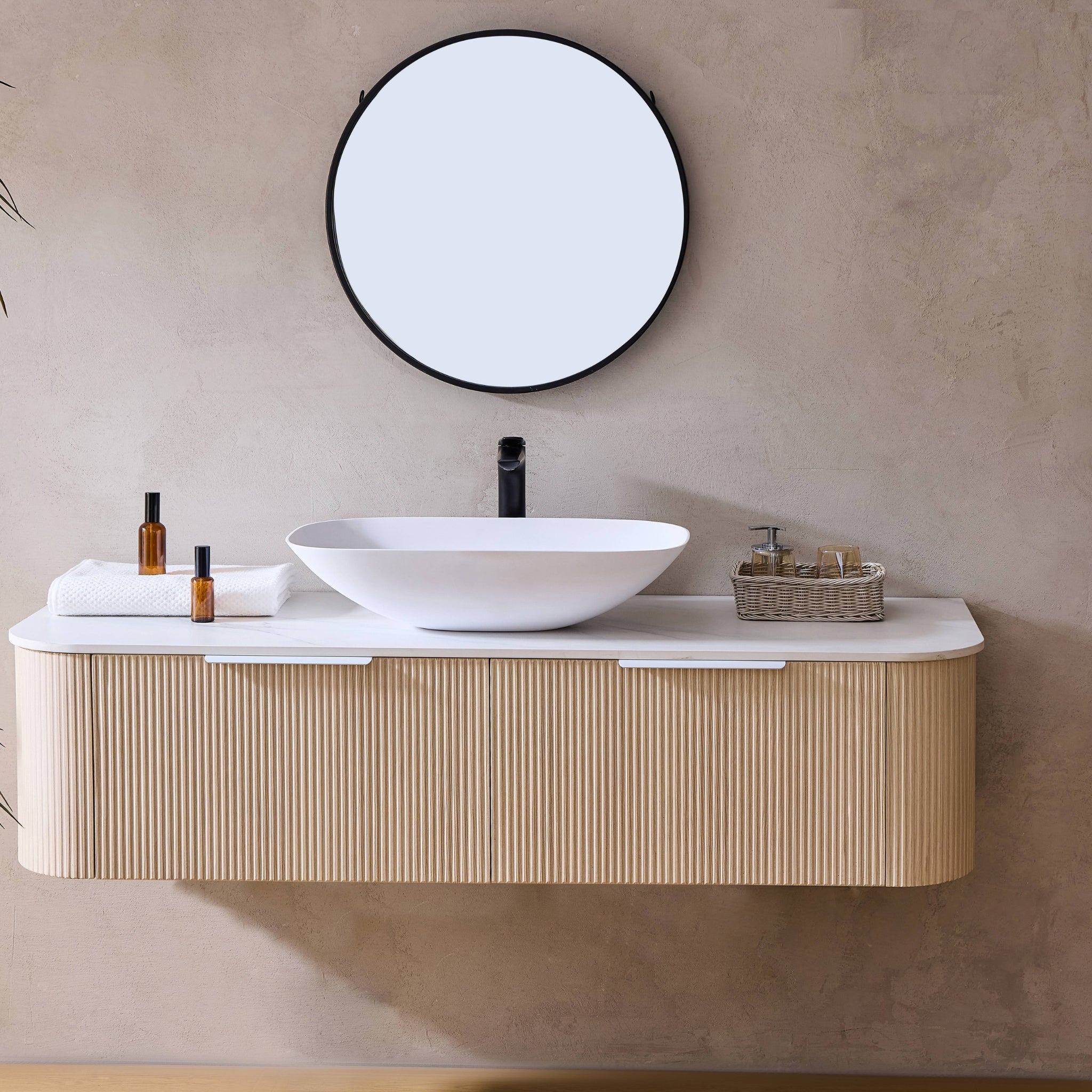 LUKKA AGENA COSTAL OAK FLUTED 1800MM CURVE SINGLE BOWL WALL HUNG VANITY