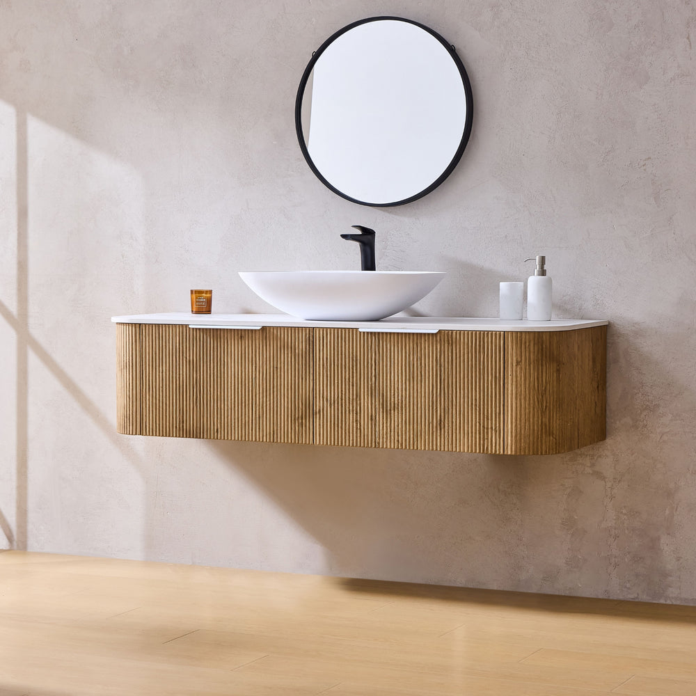 LUKKA AGENA PRIME OAK FLUTED 1800MM CURVE SINGLE BOWL WALL HUNG VANITY