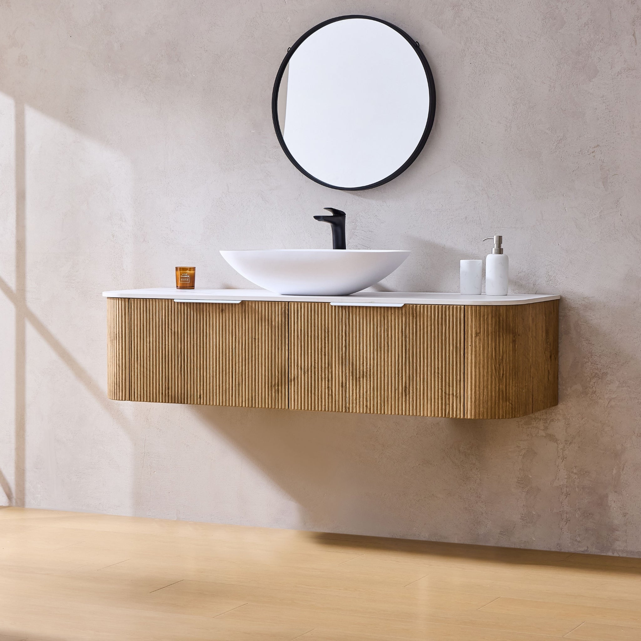 LUKKA AGENA PRIME OAK FLUTED 1800MM CURVE SINGLE BOWL WALL HUNG VANITY