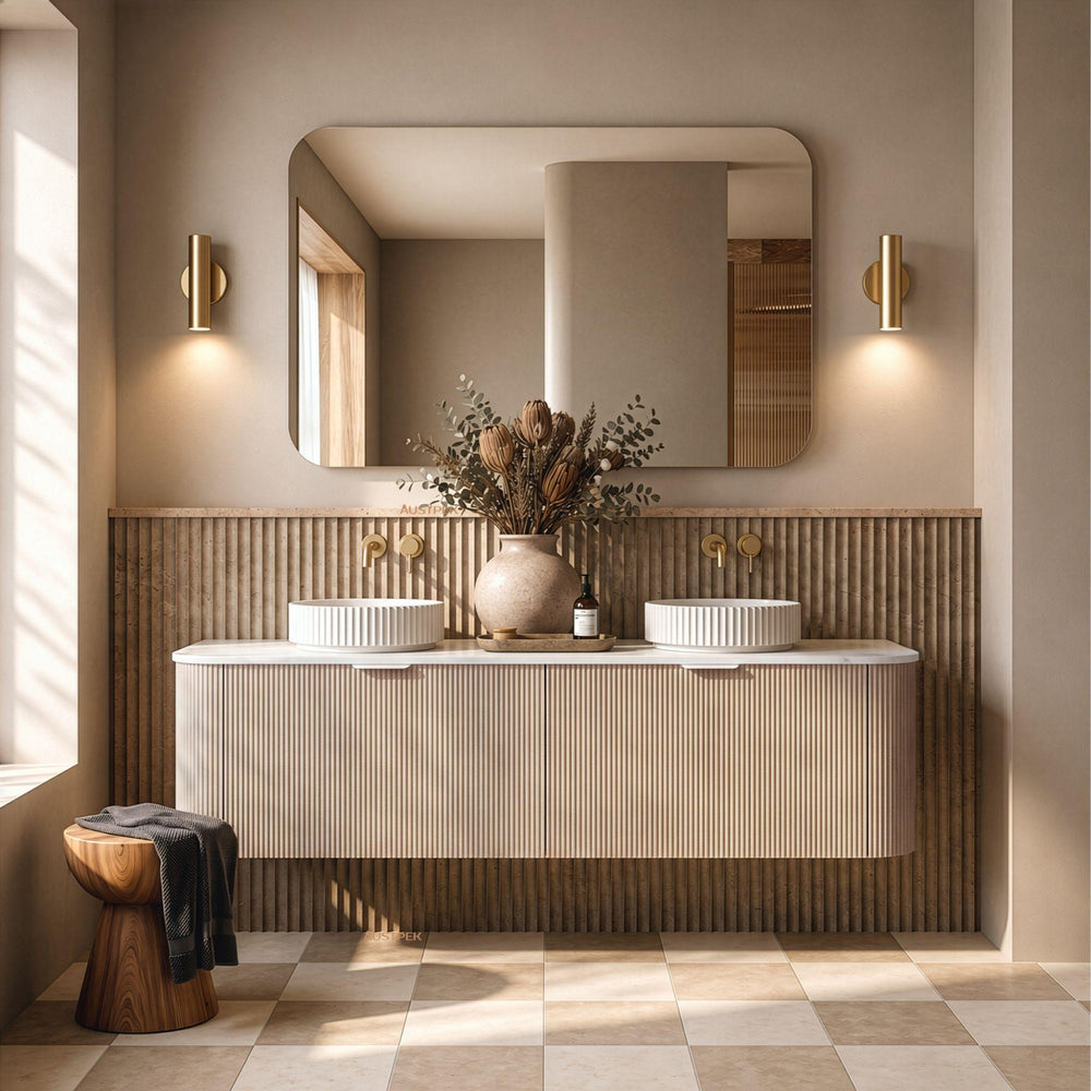 LUKKA AGENA COSTAL OAK FLUTED 1800MM CURVE DOUBLE BOWL WALL HUNG VANITY