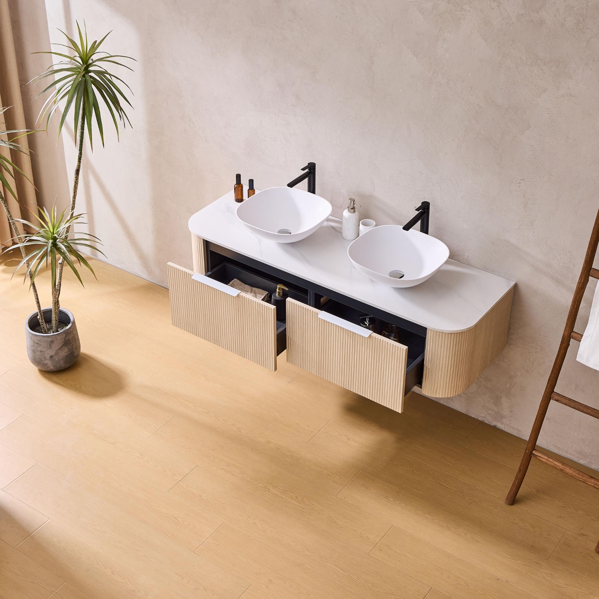 LUKKA AGENA COSTAL OAK FLUTED 1800MM CURVE DOUBLE BOWL WALL HUNG VANITY