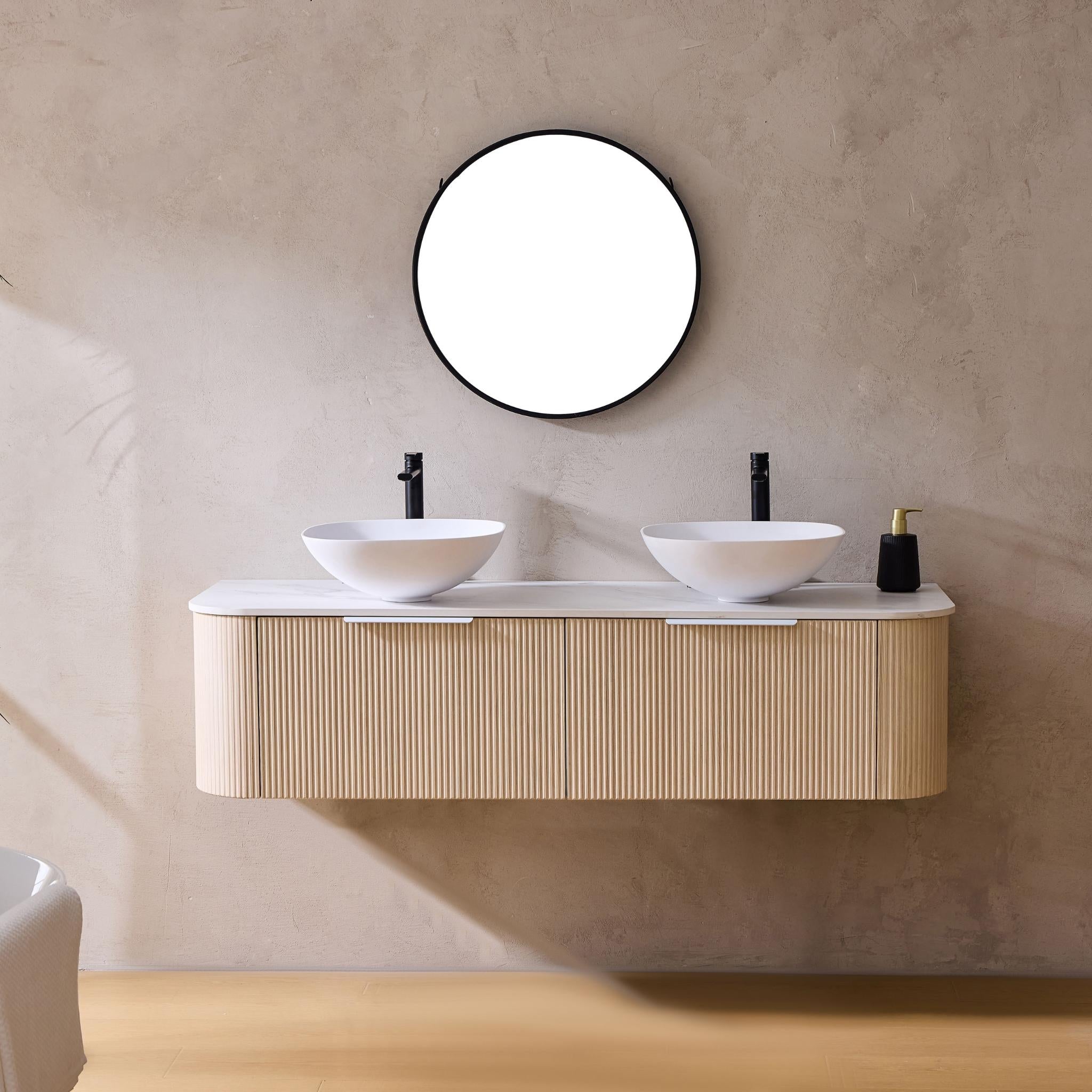 LUKKA AGENA COSTAL OAK FLUTED 1800MM CURVE DOUBLE BOWL WALL HUNG VANITY