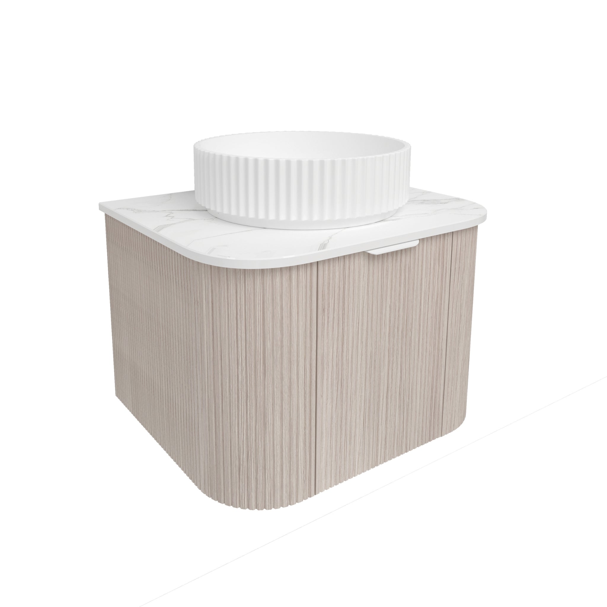 LUKKA AGENA COSTAL OAK FLUTED 600MM CURVE SINGLE BOWL WALL HUNG VANITY