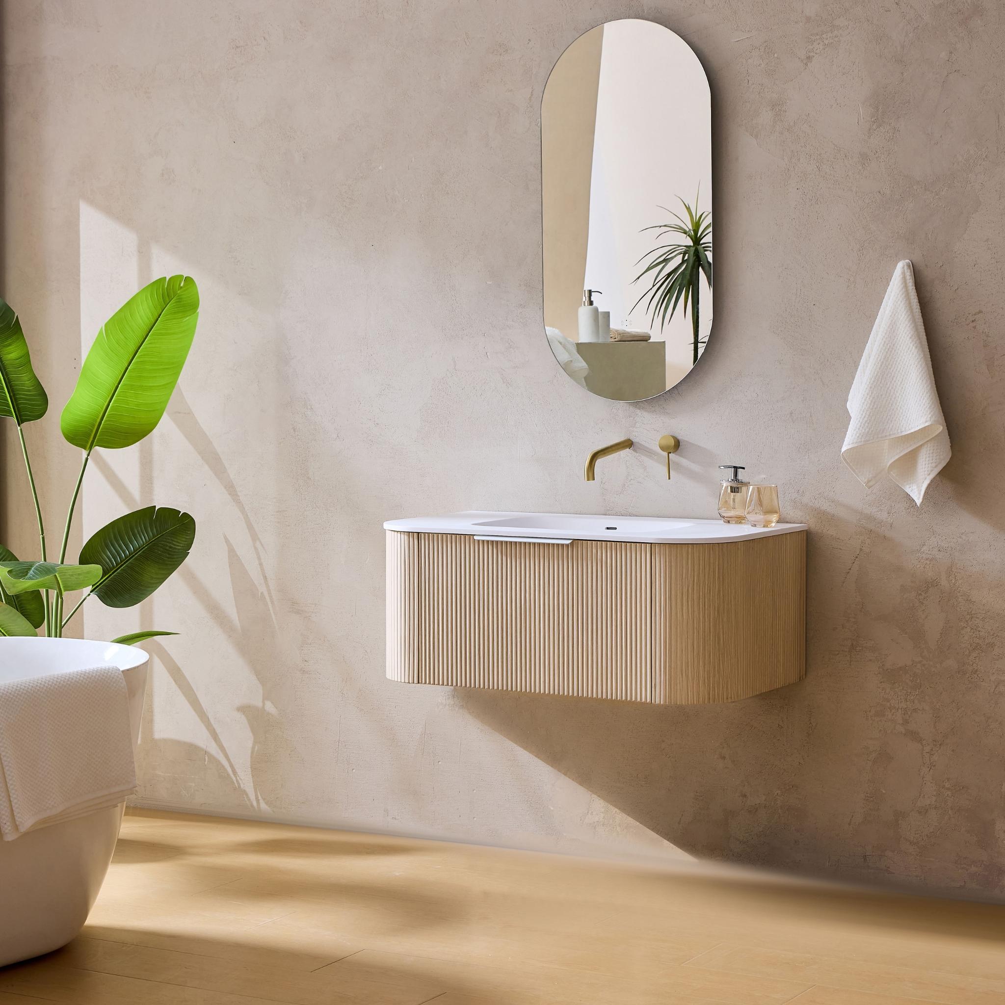 LUKKA AGENA COSTAL OAK FLUTED 750MM CURVE SINGLE BOWL WALL HUNG VANITY