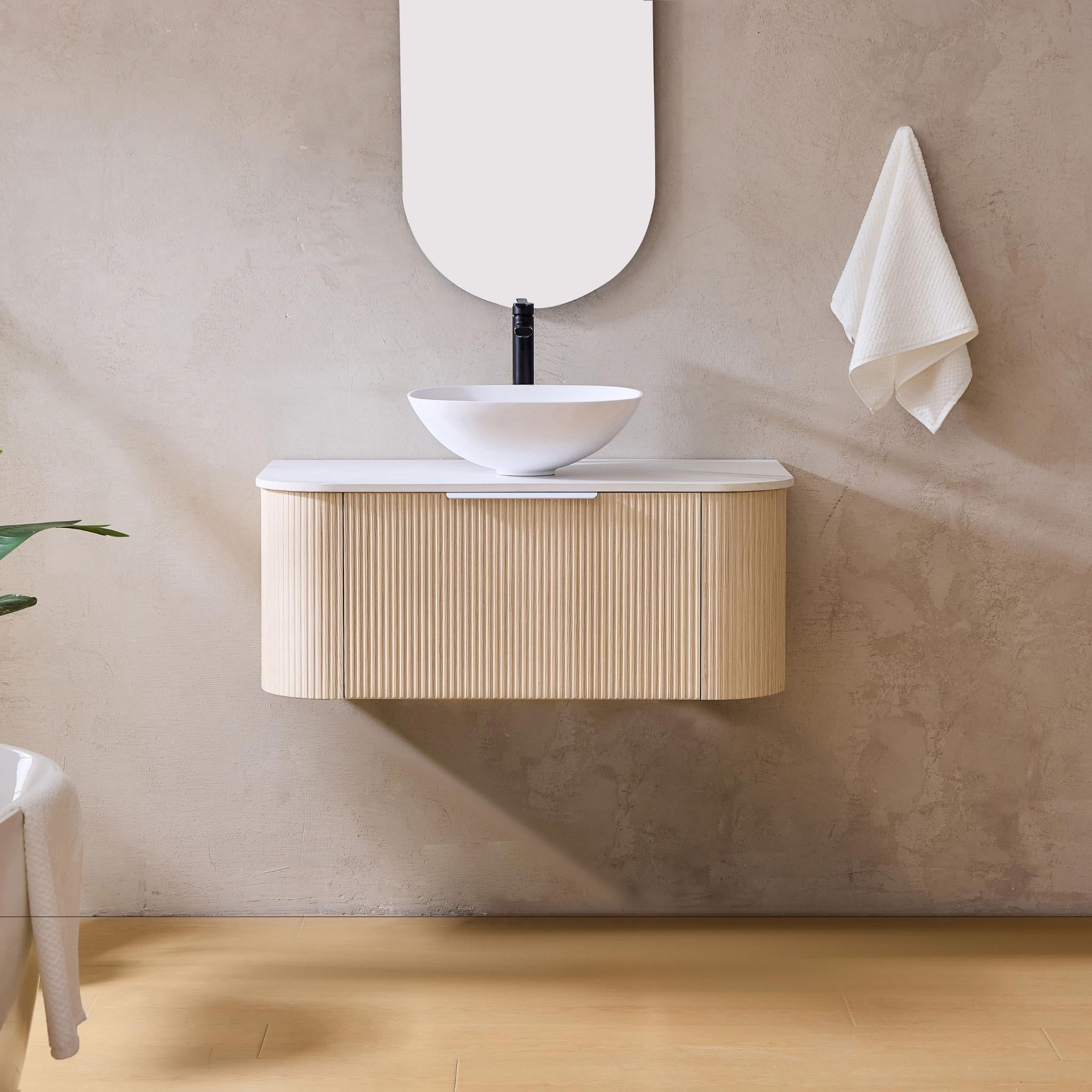 LUKKA AGENA COSTAL OAK FLUTED 750MM CURVE SINGLE BOWL WALL HUNG VANITY