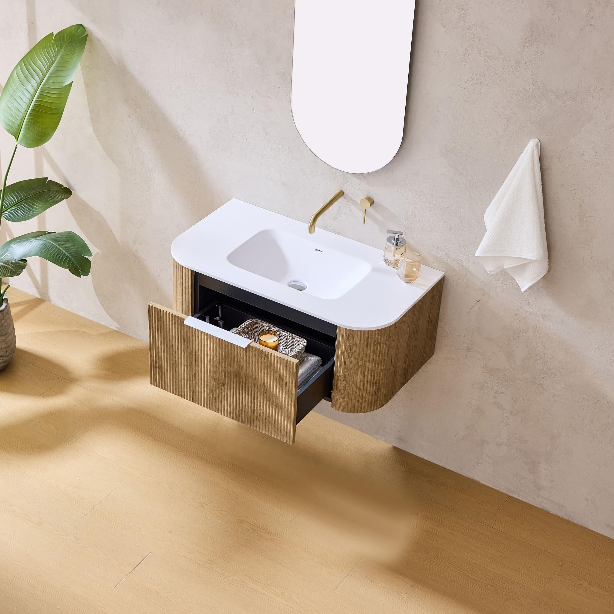 LUKKA AGENA PRIME OAK FLUTED 750MM CURVE SINGLE BOWL WALL HUNG VANITY