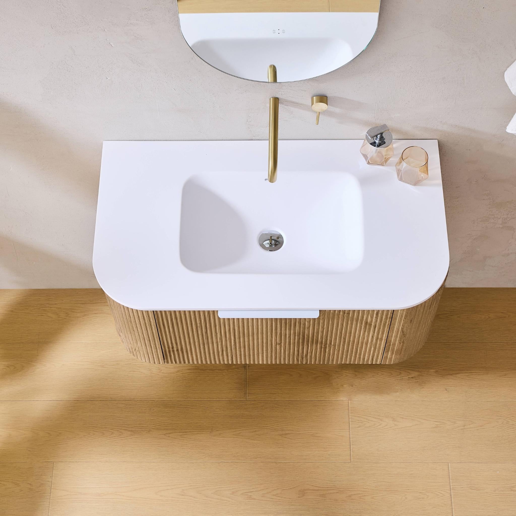 LUKKA AGENA PRIME OAK FLUTED 750MM CURVE SINGLE BOWL WALL HUNG VANITY