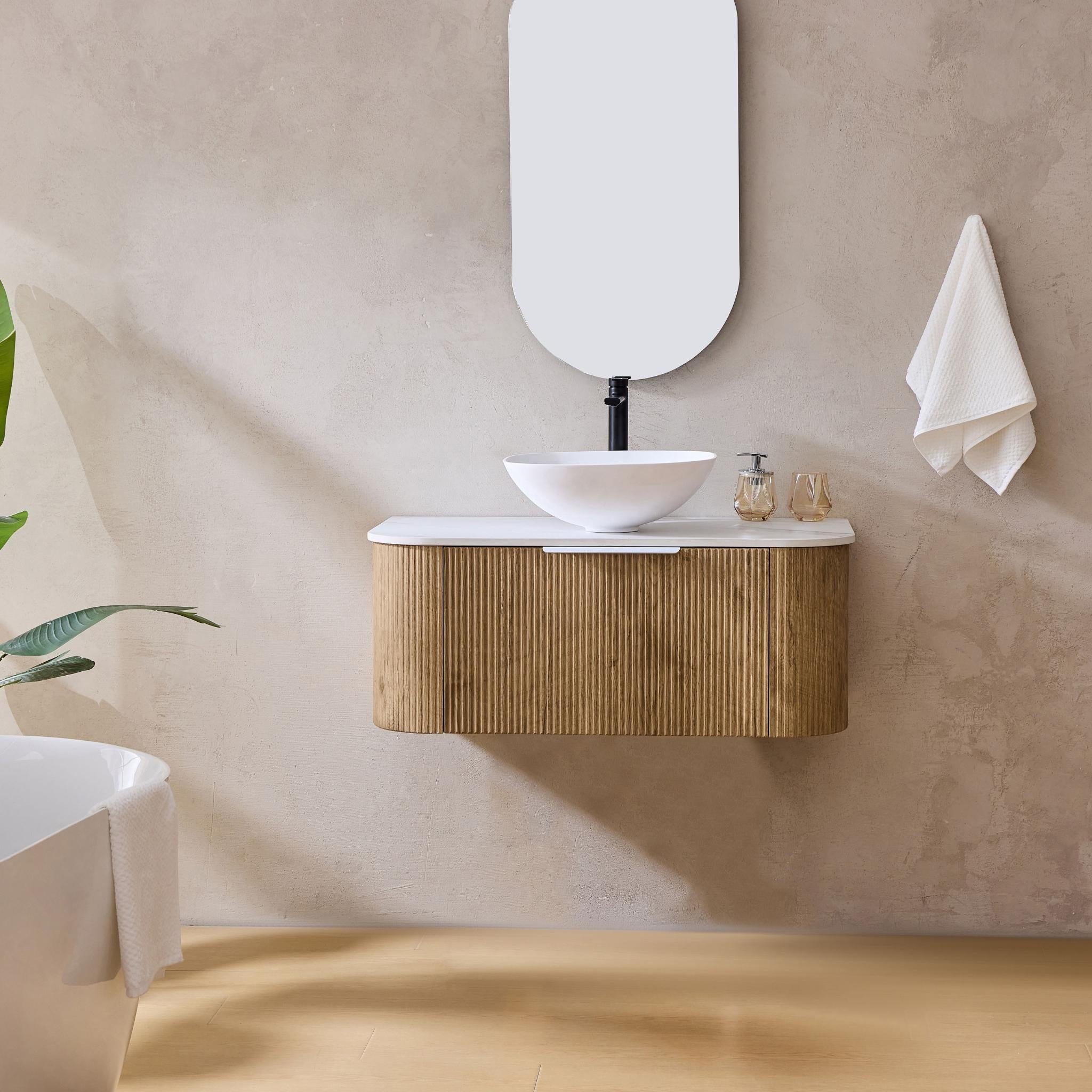 LUKKA AGENA PRIME OAK FLUTED 750MM CURVE SINGLE BOWL WALL HUNG VANITY