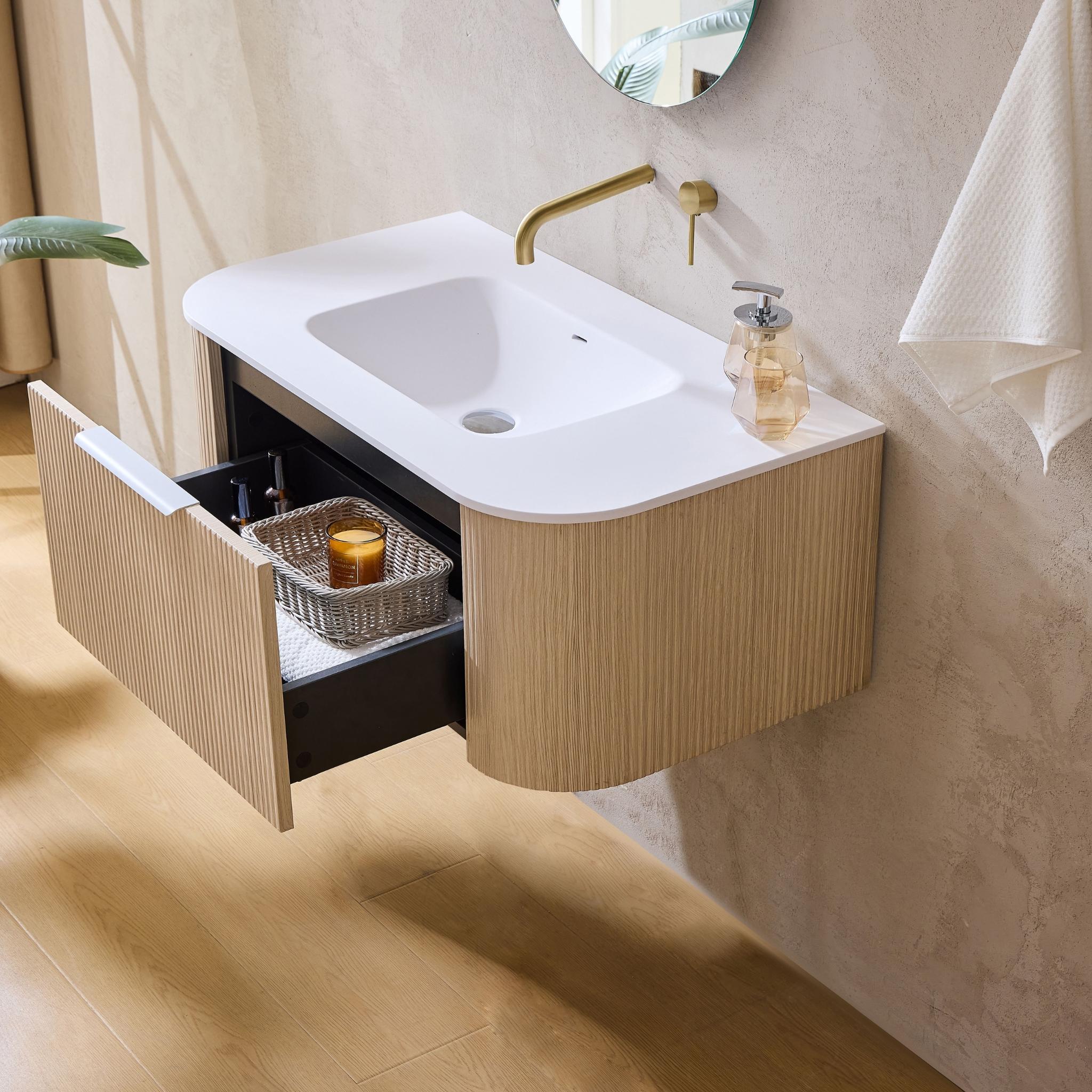 LUKKA AGENA COSTAL OAK FLUTED 900MM CURVE SINGLE BOWL WALL HUNG VANITY