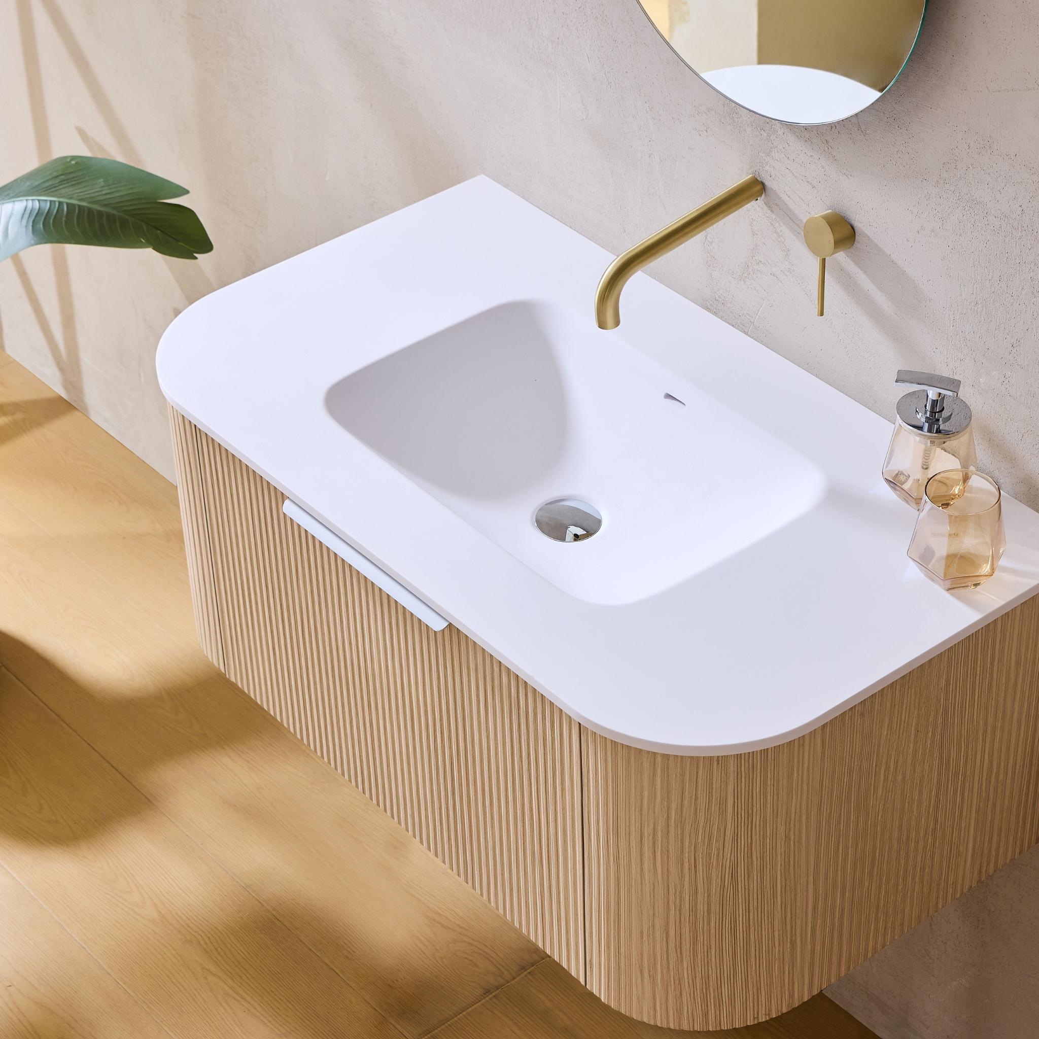 LUKKA AGENA COSTAL OAK FLUTED 900MM CURVE SINGLE BOWL WALL HUNG VANITY