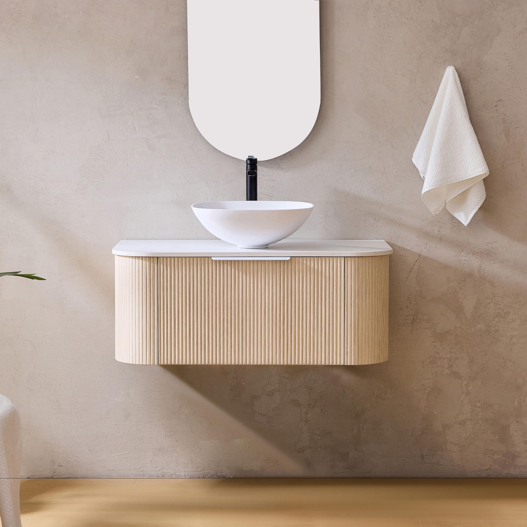 LUKKA AGENA COSTAL OAK FLUTED 900MM CURVE SINGLE BOWL WALL HUNG VANITY