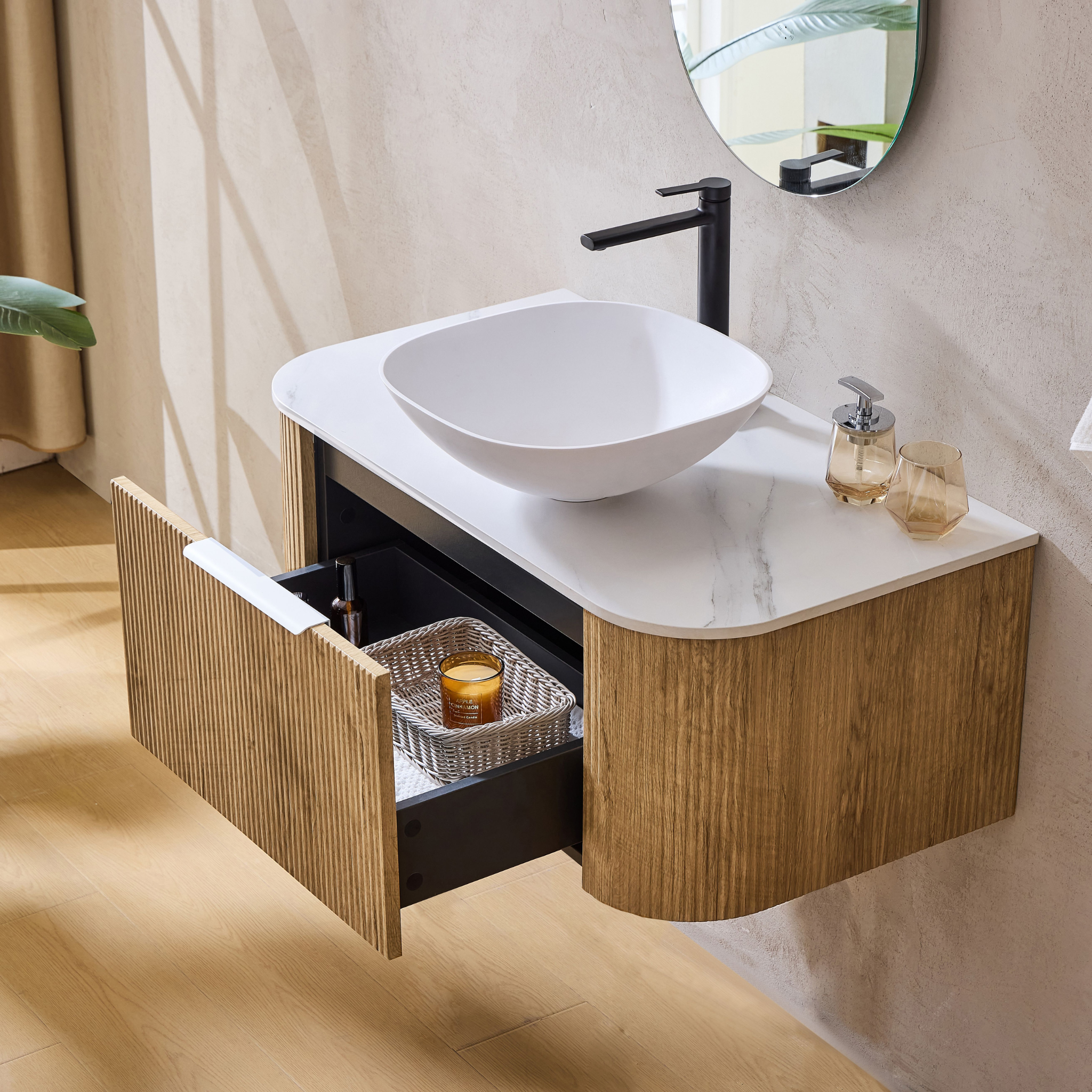 LUKKA AGENA PRIME OAK FLUTED 900MM CURVE SINGLE BOWL WALL HUNG VANITY