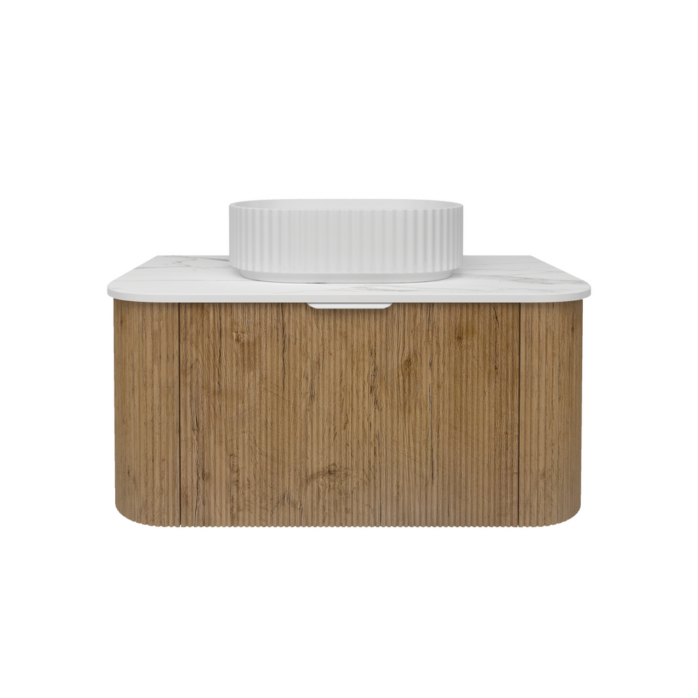 LUKKA AGENA PRIME OAK FLUTED 900MM CURVE SINGLE BOWL WALL HUNG VANITY