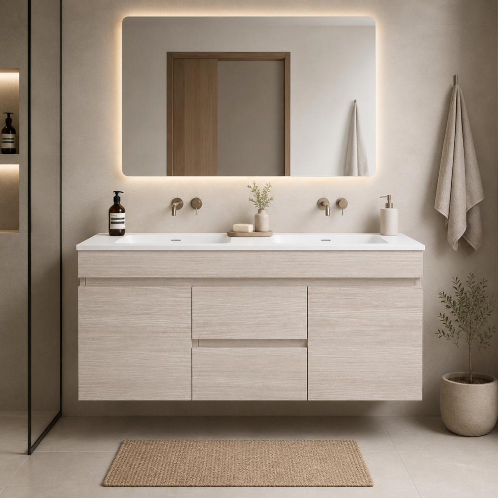 LUKKA CAMDEN MODERN COASTAL OAK 1200MM DOUBLE BOWL WALL HUNG VANITY
