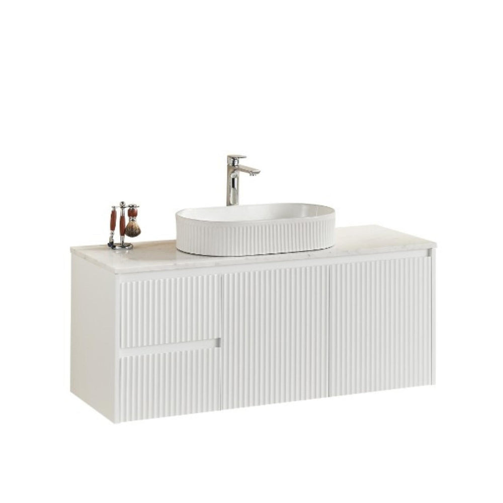 LUKKA CRETE MODERN MATTE WHITE 1200MM SINGLE BOWL WALL HUNG VANITY (AVAILABLE IN MIDDLE, LEFT AND RIGHT HAND DRAWER)