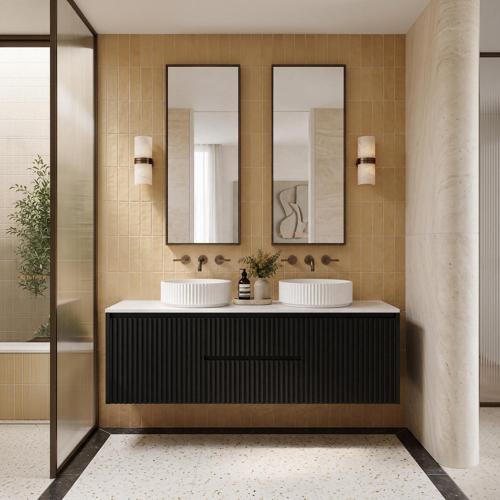 LUKKA CRETE MODERN MATTE BLACK 1500MM DOUBLE BOWL WALL HUNG VANITY (AVAILABLE IN MIDDLE, LEFT AND RIGHT HAND DRAWER)